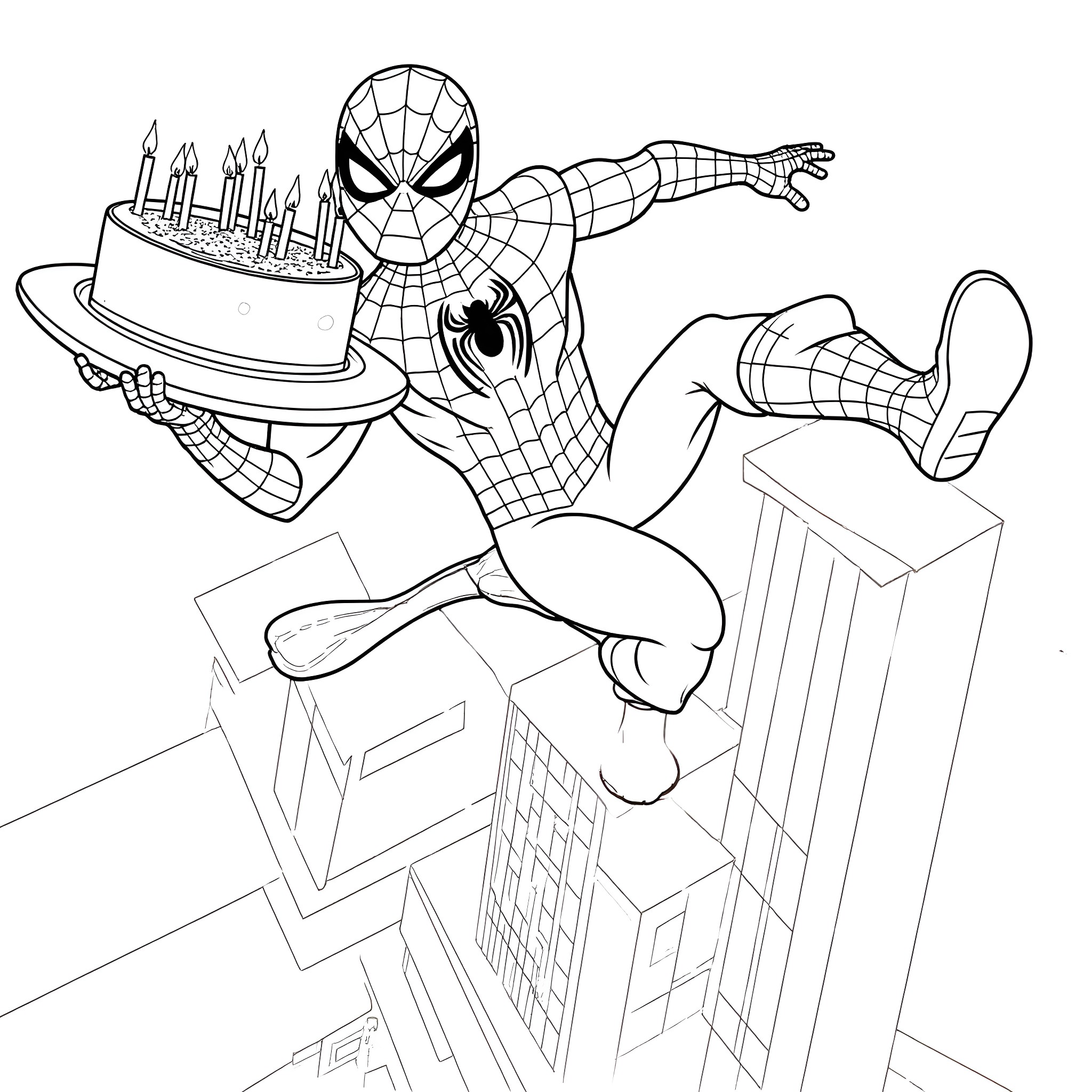 Spiderman swinging across the city with birthday cake Coloring Page (free black-and-white line drawing printable PDF for all, from beginners to advanced learners, including children, teens, adults, and seniors)