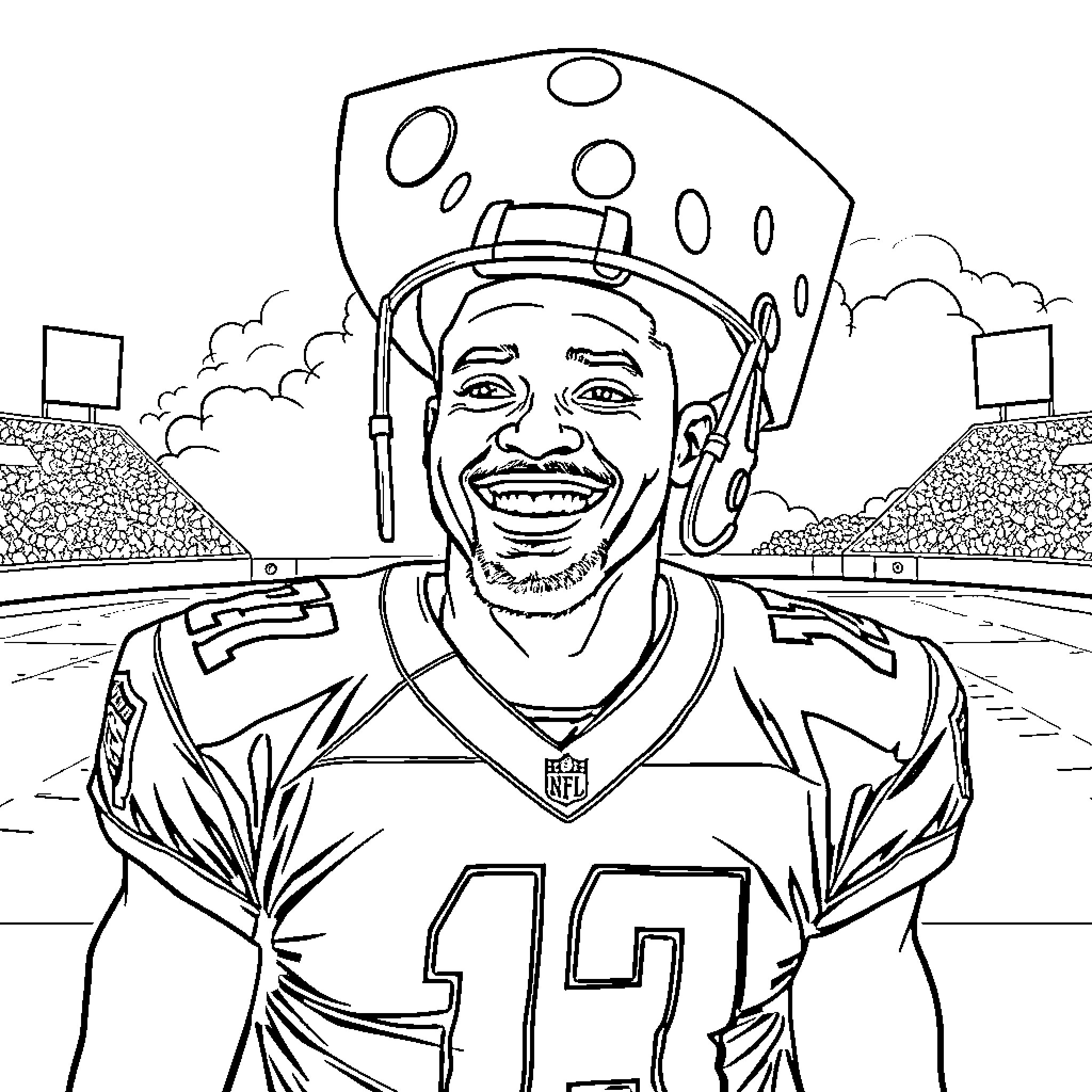 Jordan Love smiling on the football field Coloring Page (free black-and-white line drawing printable PDF for all, from beginners to advanced learners, including children, teens, adults, and seniors)