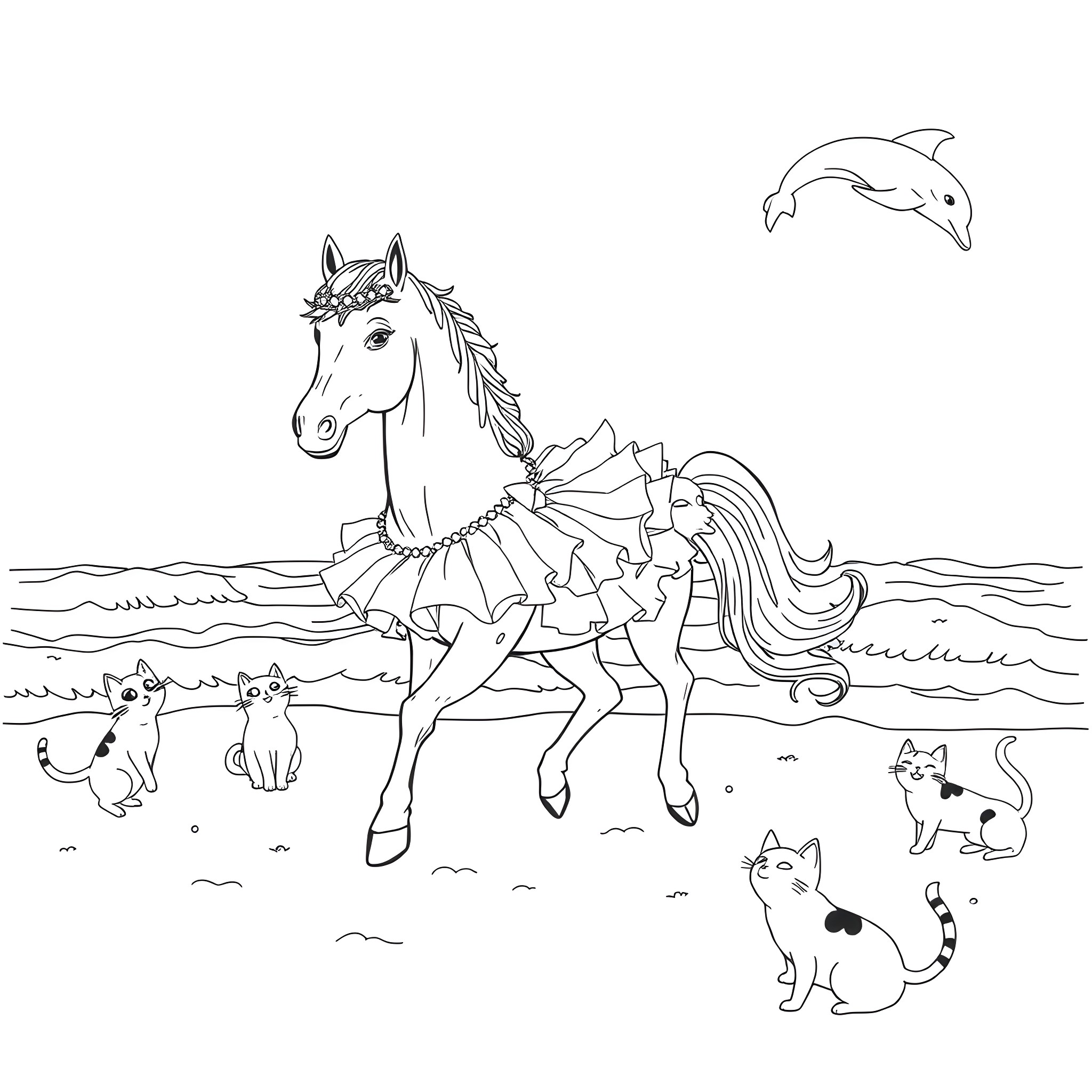 Horse with feathered mane and playful cats by the ocean Coloring Page (free black-and-white line drawing printable PDF for all, from beginners to advanced learners, including children, teens, adults, and seniors)