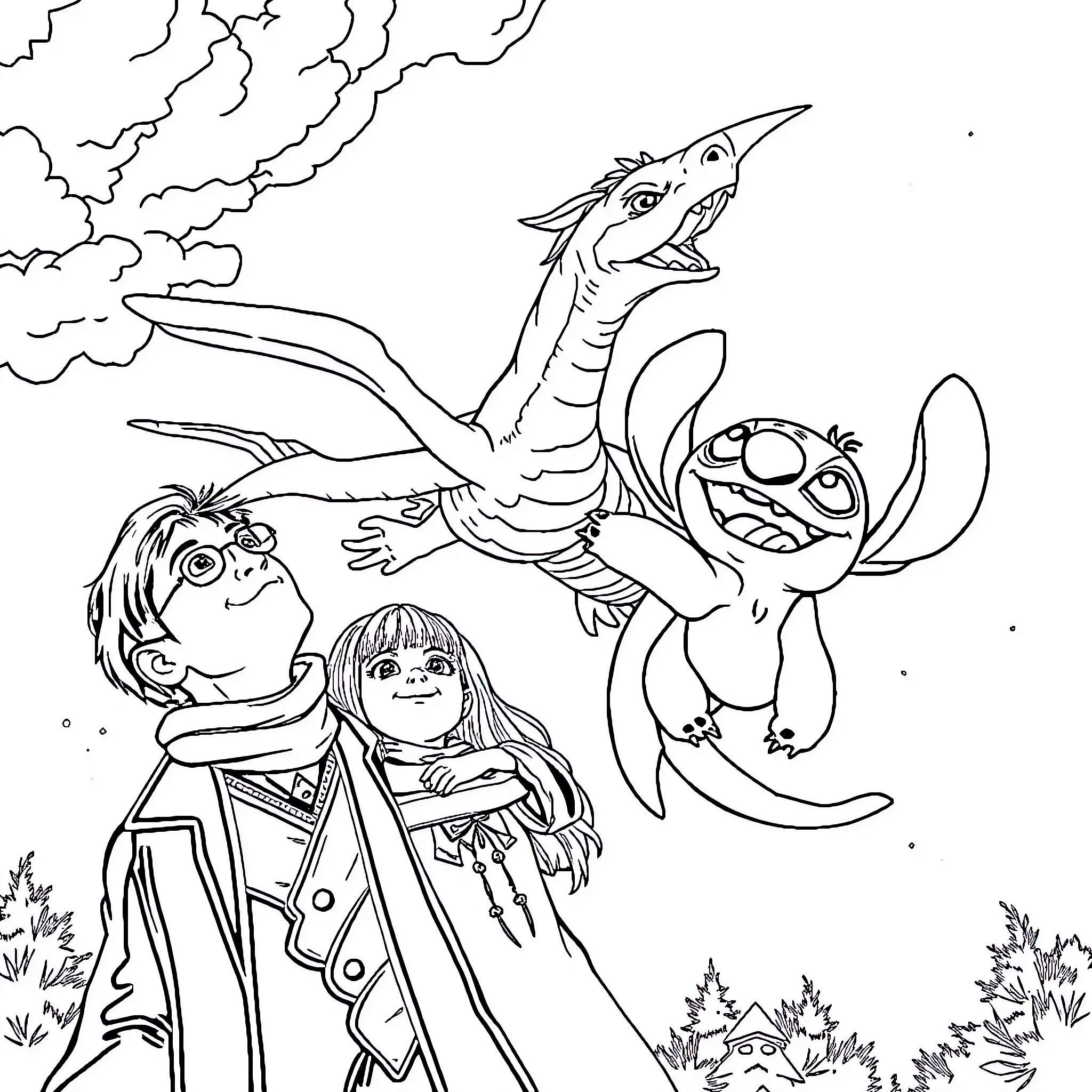 Stitch flying with friends in magical landscape Coloring Page (free black-and-white line drawing printable PDF for all, from beginners to advanced learners, including children, teens, adults, and seniors)