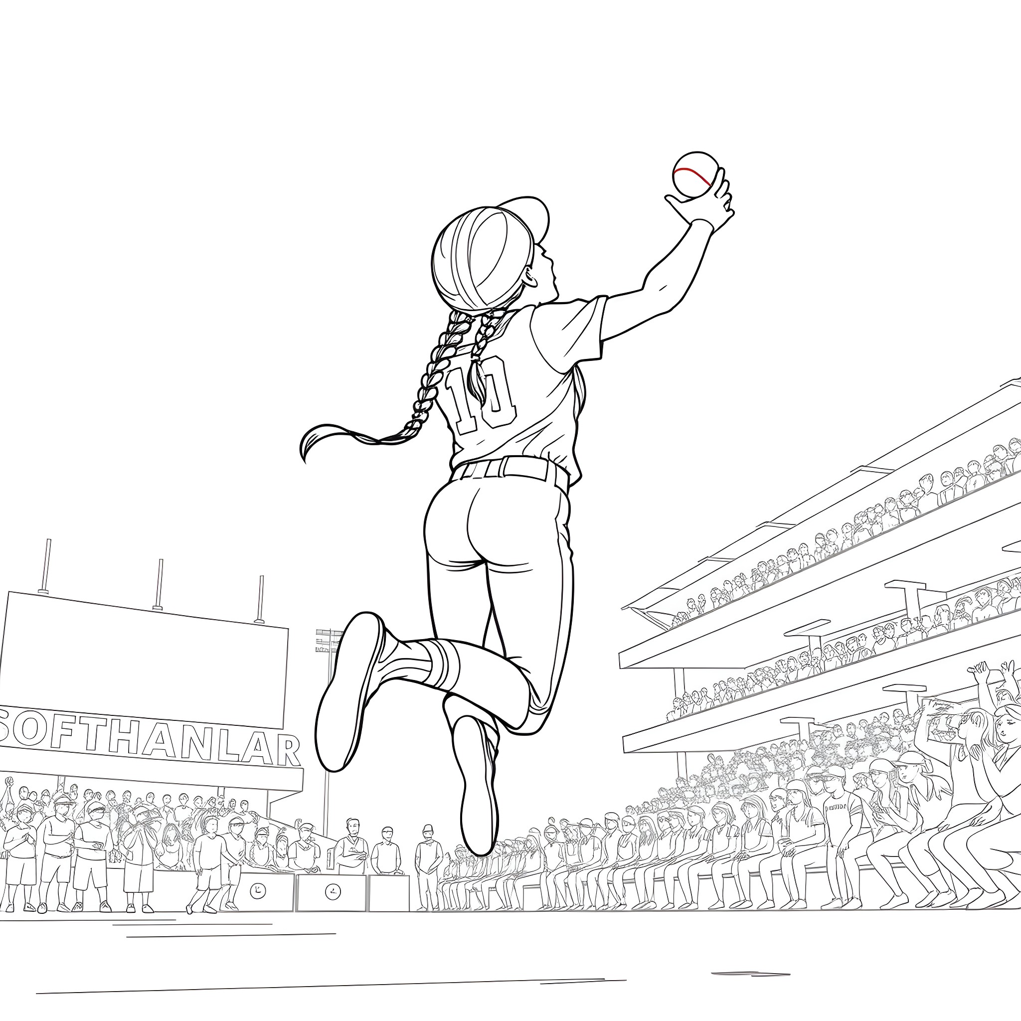 Softball player makes impressive leap on field Coloring Page (free black-and-white line drawing printable PDF for all, from beginners to advanced learners, including children, teens, adults, and seniors)