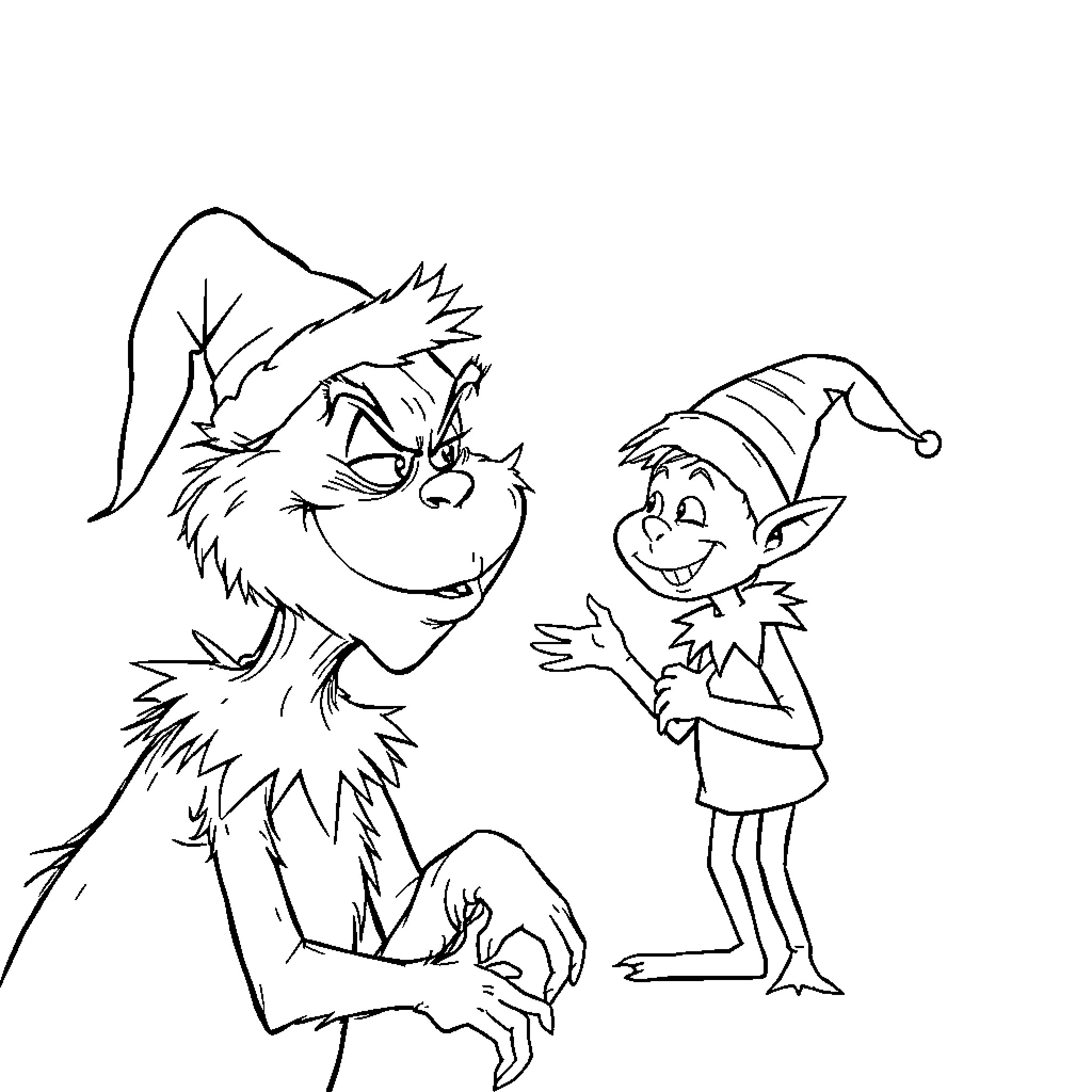 Grinch and Elf in Playful Interaction Coloring Page (free black-and-white line drawing printable PDF for all, from beginners to advanced learners, including children, teens, adults, and seniors)