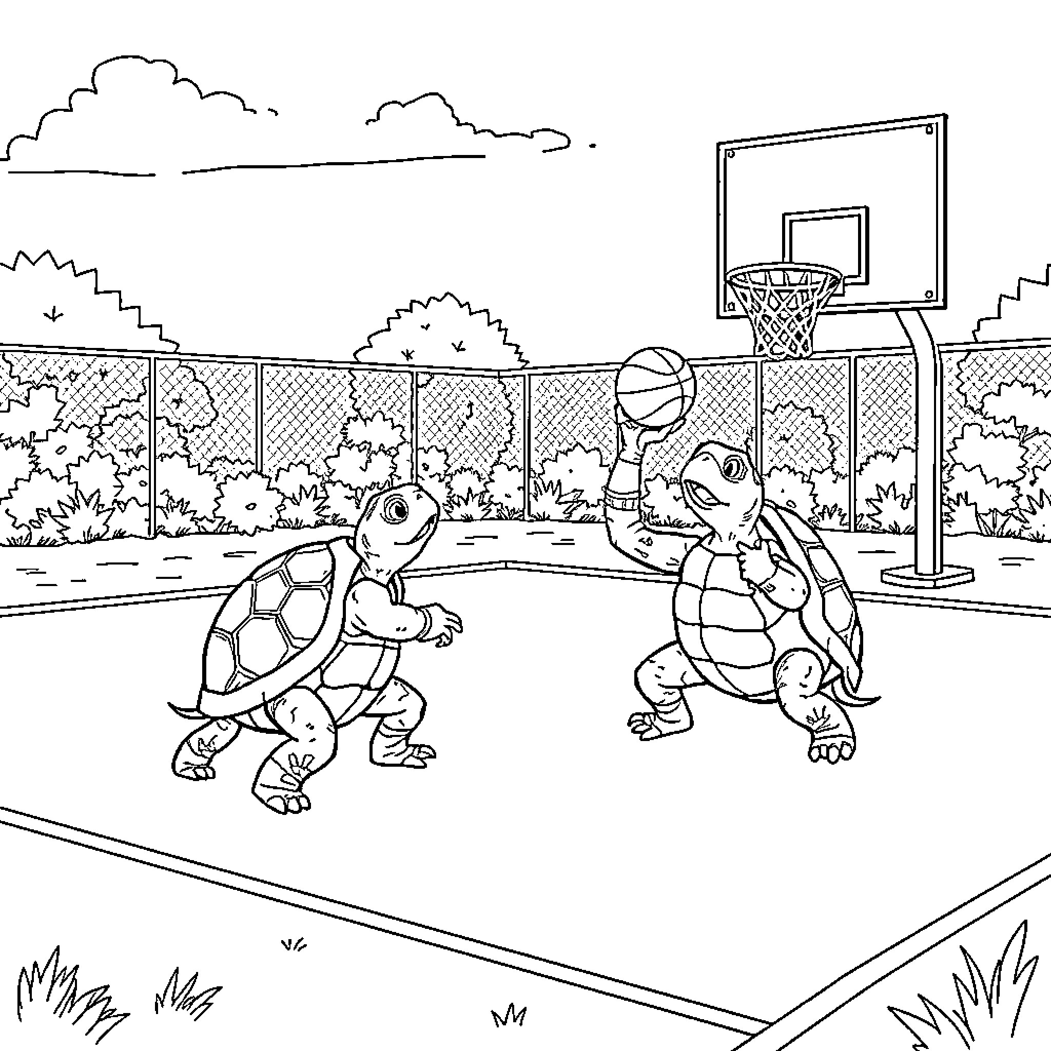 Turtle playing basketball on the court Coloring Page (free black-and-white line drawing printable PDF for all, from beginners to advanced learners, including children, teens, adults, and seniors)