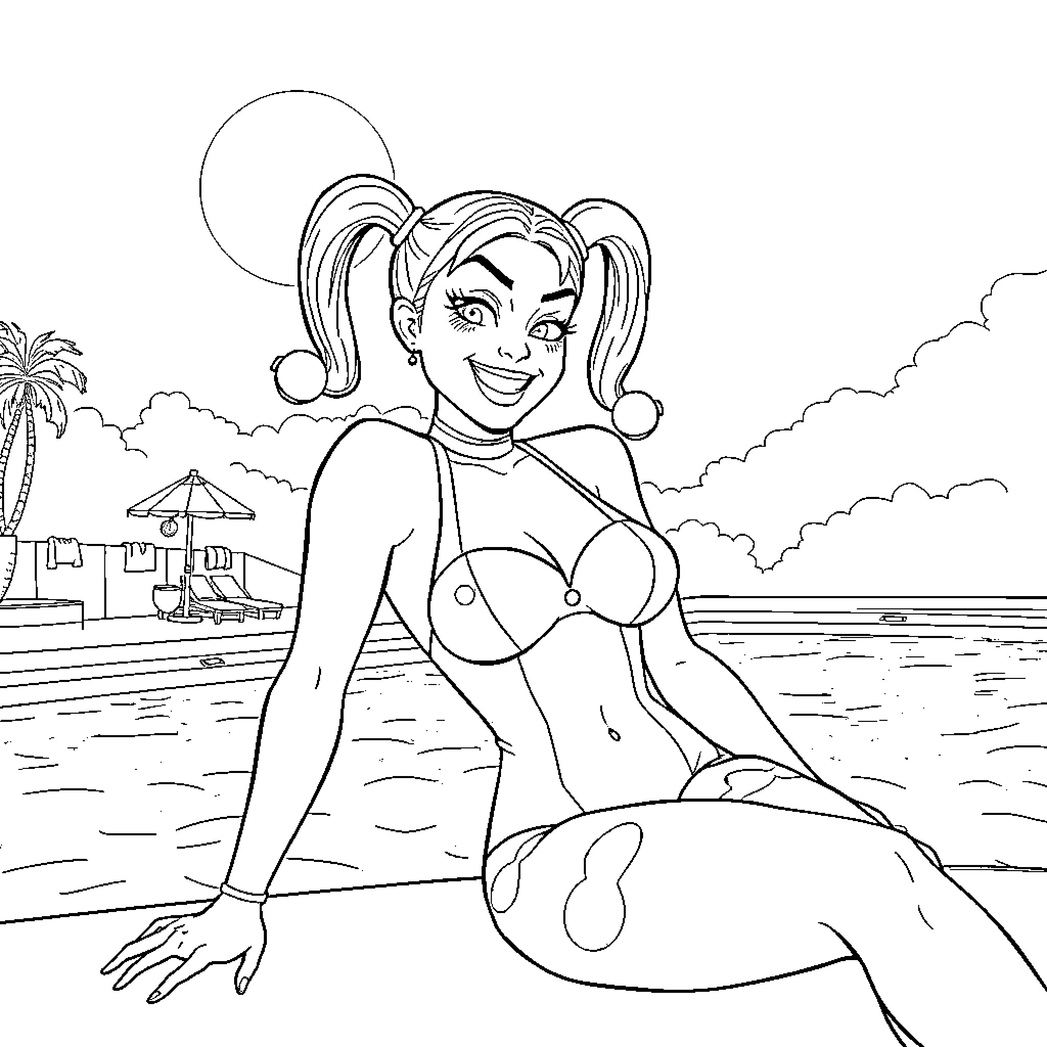 Harley Quinn enjoying a day at the beach Coloring Page (free black-and-white line drawing printable PDF for all, from beginners to advanced learners, including children, teens, adults, and seniors)