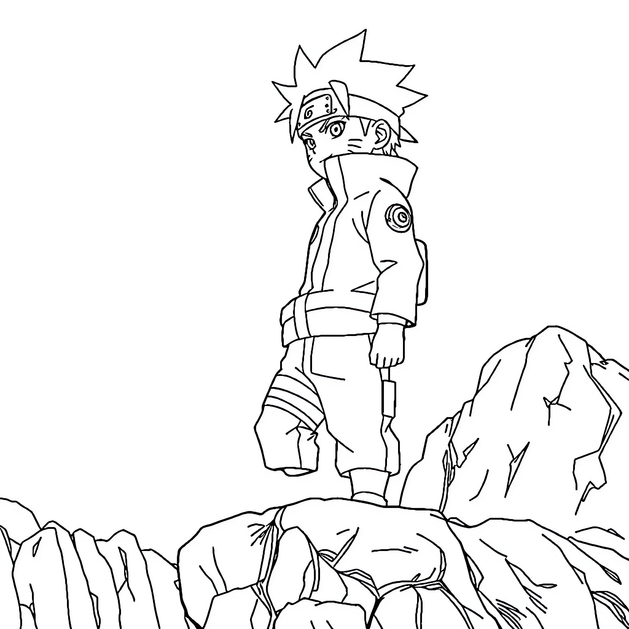 Naruto in a Heroic Pose on Rocky Terrain Coloring Page (free black-and-white line drawing printable PDF for all, from beginners to advanced learners, including children, teens, adults, and seniors)