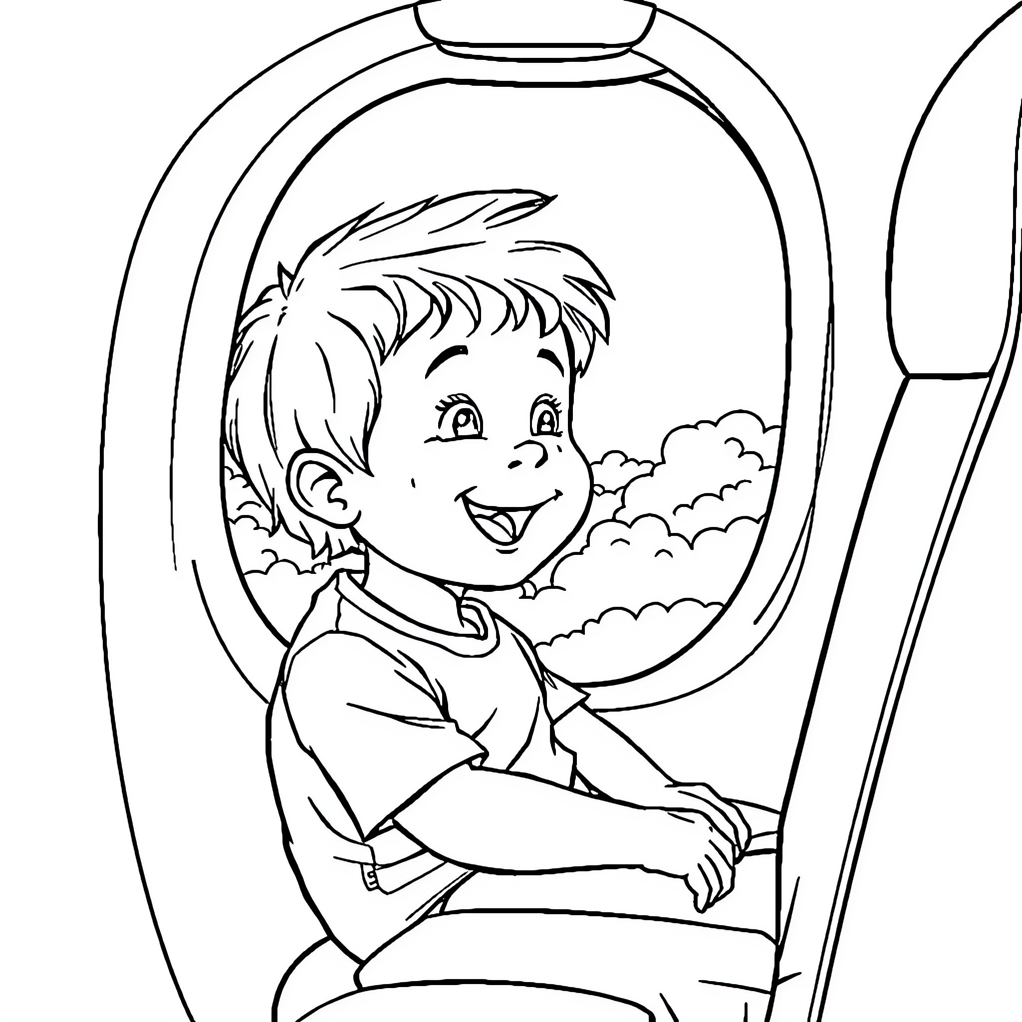Child enjoying view from airplane window Coloring Page (free black-and-white line drawing printable PDF for all, from beginners to advanced learners, including children, teens, adults, and seniors)