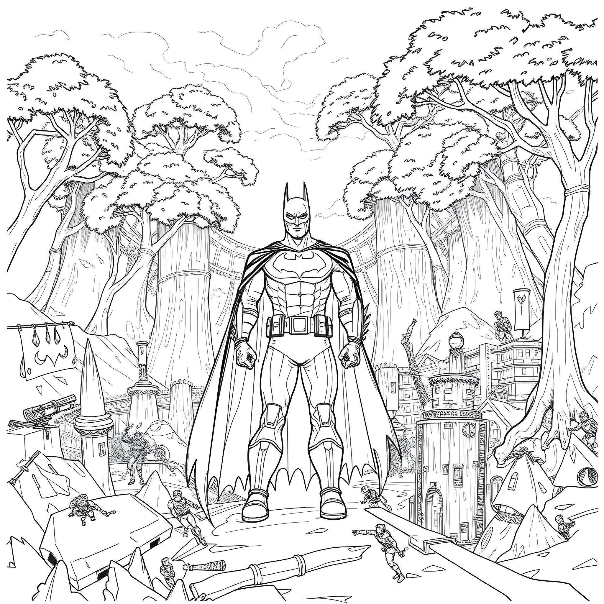 Batman Battling in the City Wilderness Coloring Page (free black-and-white line drawing printable PDF for all, from beginners to advanced learners, including children, teens, adults, and seniors)