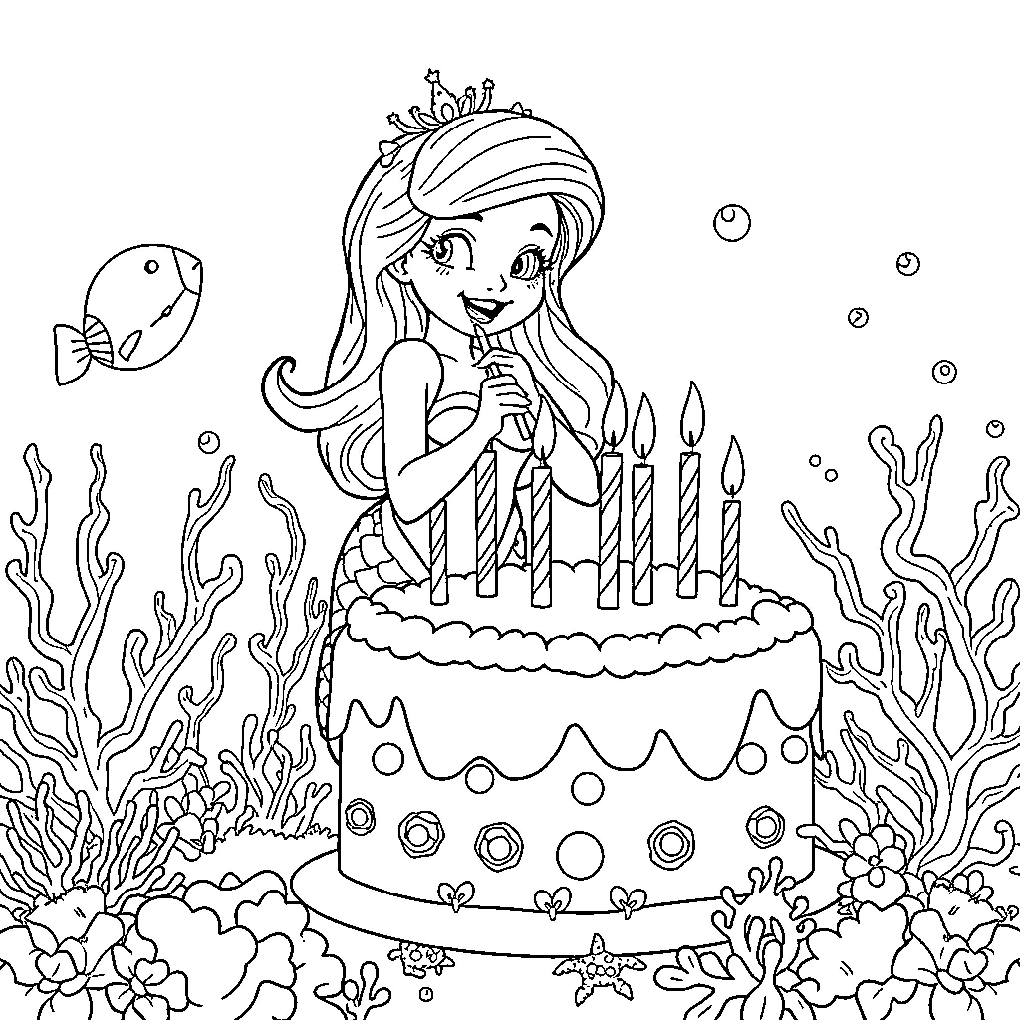 Mermaid celebrating birthday with cake and sea creatures Coloring Page (free black-and-white line drawing printable PDF for all, from beginners to advanced learners, including children, teens, adults, and seniors)
