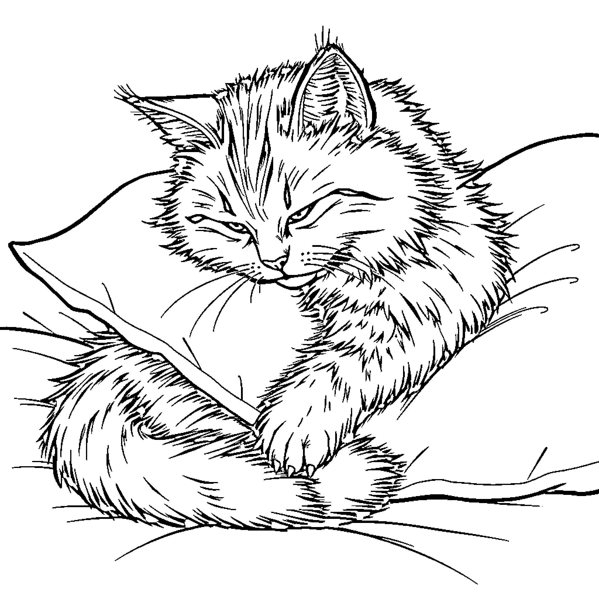 Cat curled up in a cozy resting pose Coloring Page (free black-and-white line drawing printable PDF for all, from beginners to advanced learners, including children, teens, adults, and seniors)
