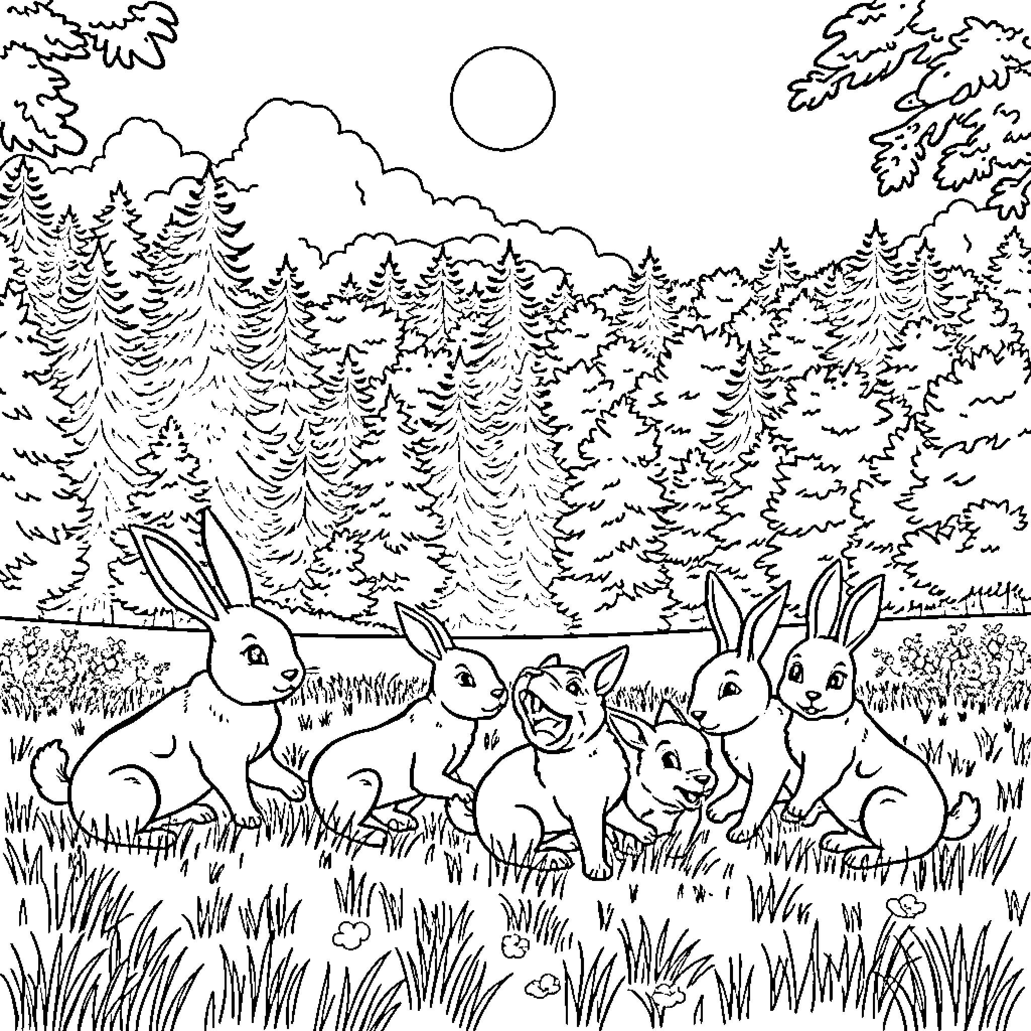 Rabbits playing in a forest meadow Coloring Page (free black-and-white line drawing printable PDF for all, from beginners to advanced learners, including children, teens, adults, and seniors)