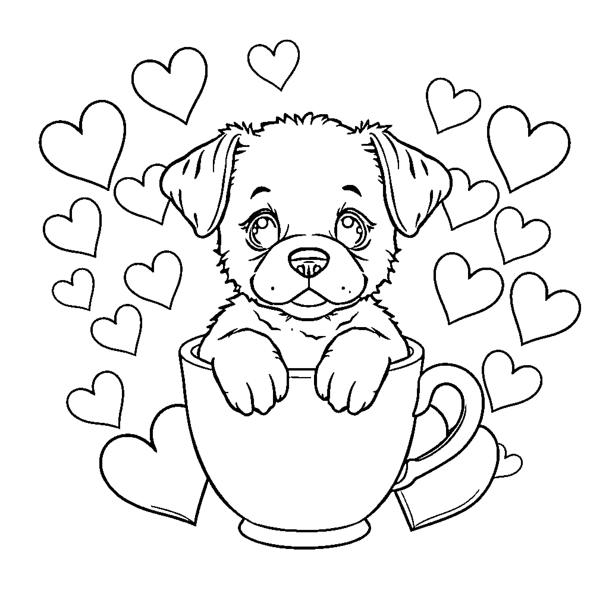 Puppy peeping from a teacup surrounded by hearts Coloring Page (free black-and-white line drawing printable PDF for all, from beginners to advanced learners, including children, teens, adults, and seniors)