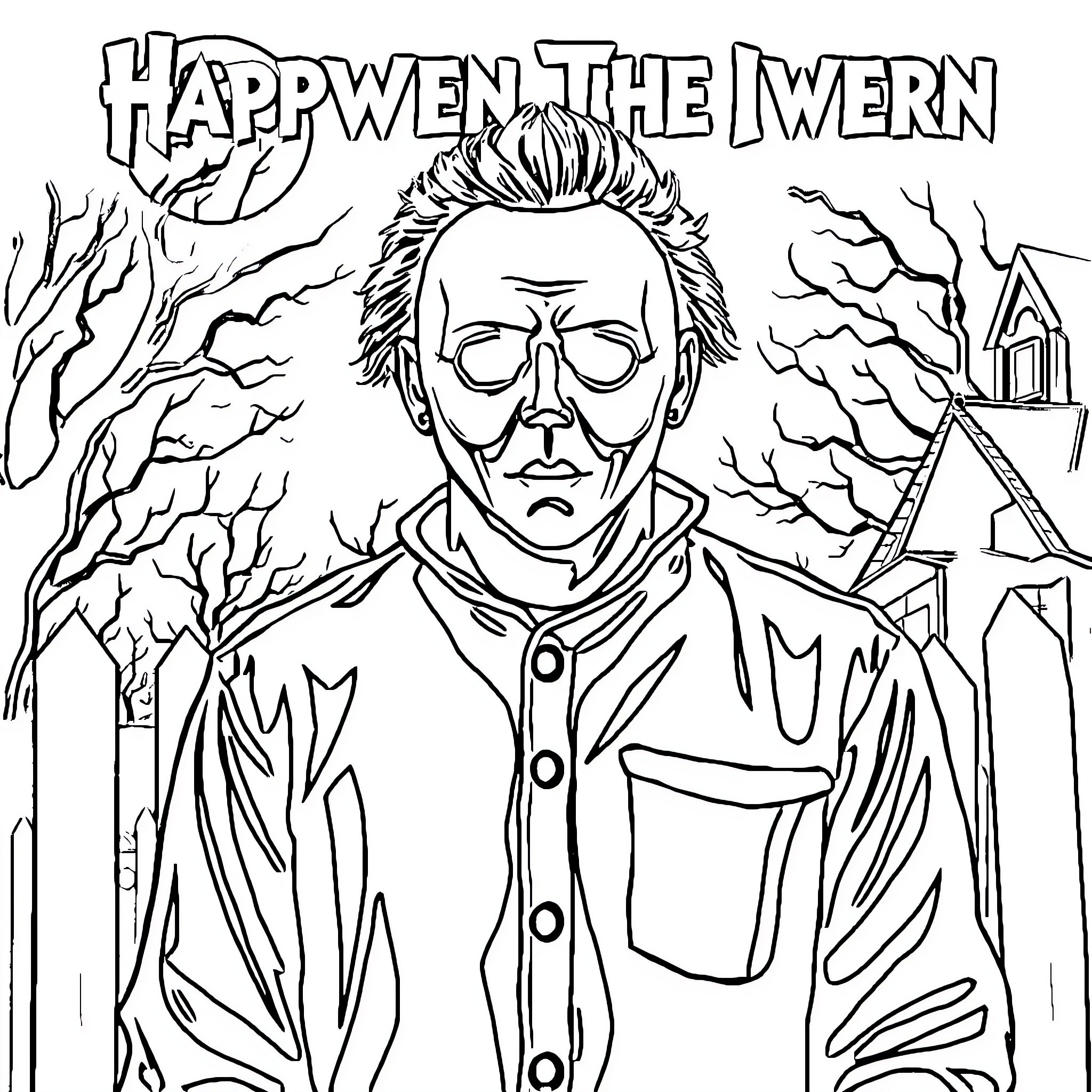 Michael Myers in the Eerie Darkness Coloring Page (free black-and-white line drawing printable PDF for all, from beginners to advanced learners, including children, teens, adults, and seniors)