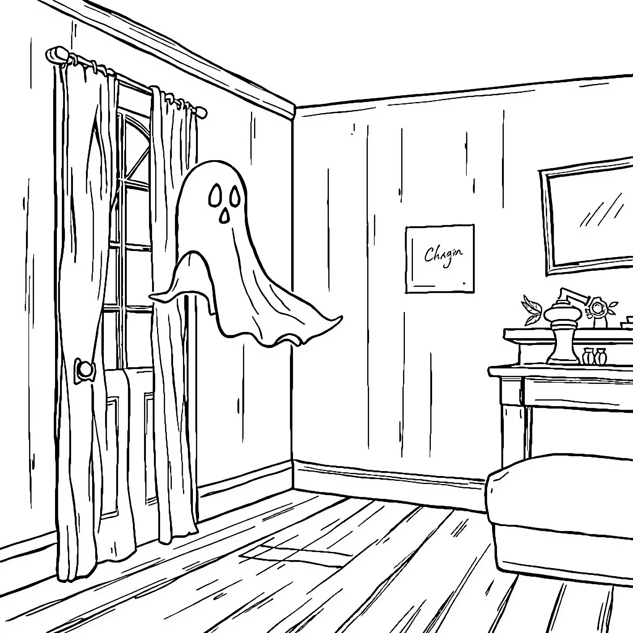 Ghost peeking through doorway in creepy room Coloring Page (free black-and-white line drawing printable PDF for all, from beginners to advanced learners, including children, teens, adults, and seniors)