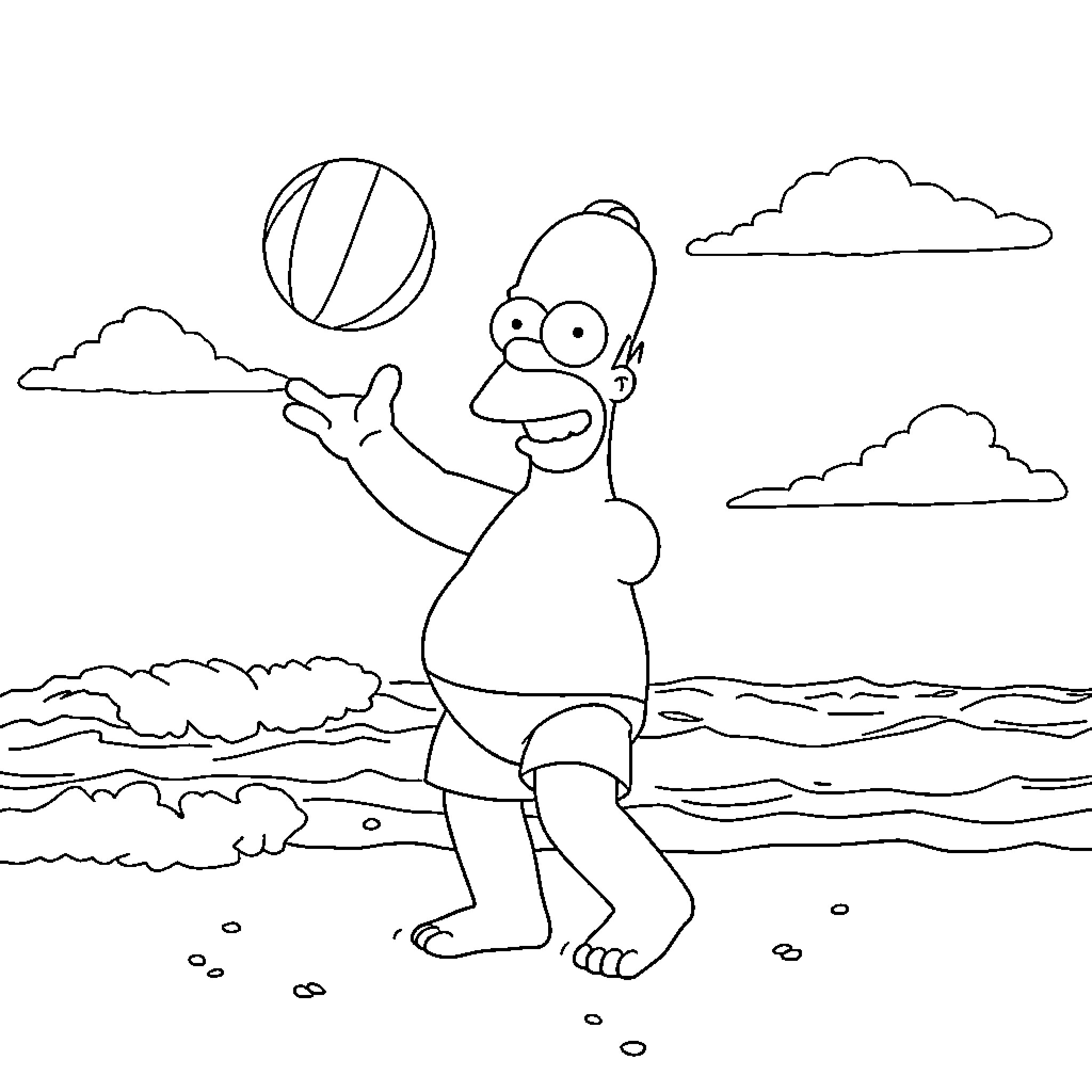 Homer Simpson playing with a beach ball by the shore Coloring Page (free black-and-white line drawing printable PDF for all, from beginners to advanced learners, including children, teens, adults, and seniors)