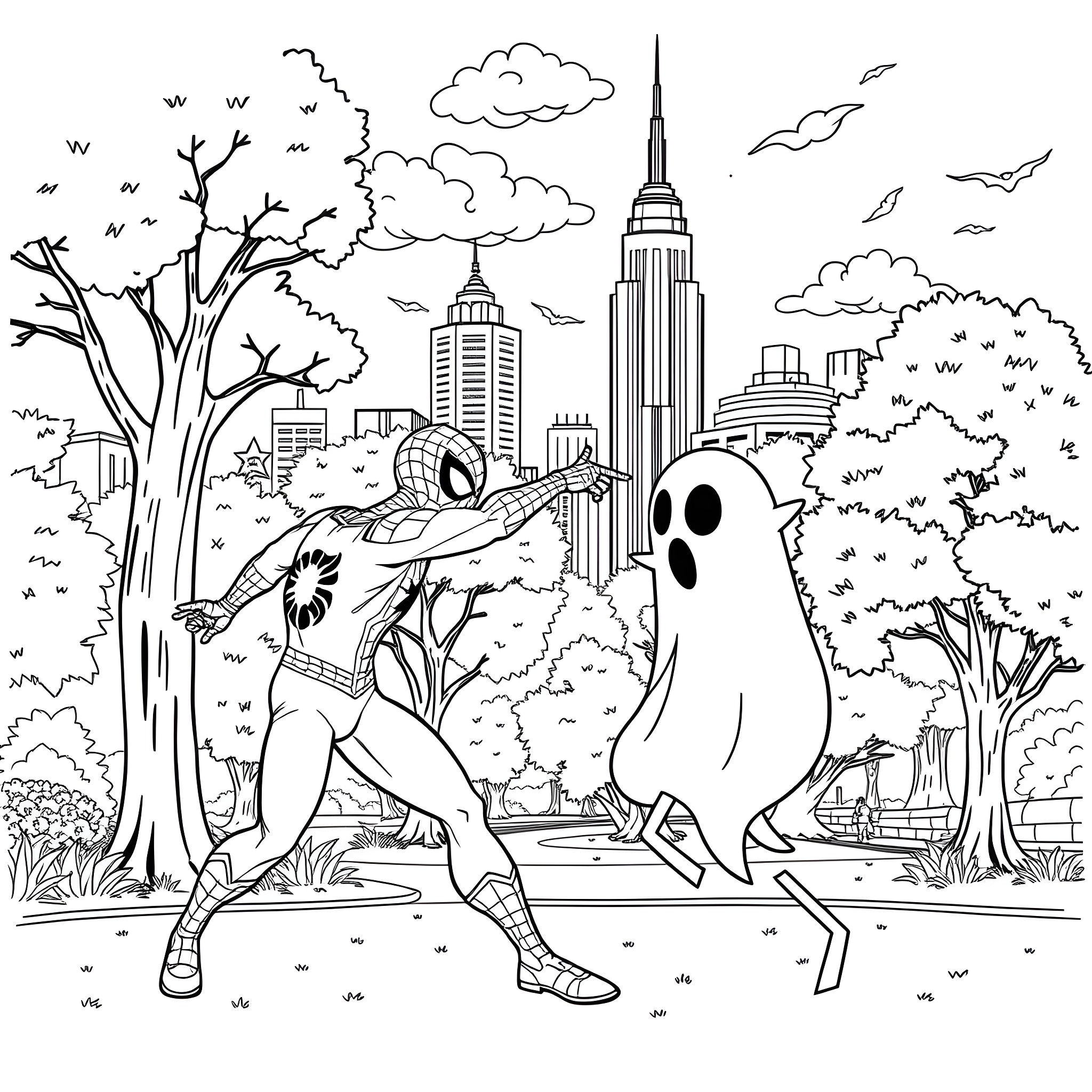 Spiderman battles ghostly foes in the city skyline Coloring Page (free black-and-white line drawing printable PDF for all, from beginners to advanced learners, including children, teens, adults, and seniors)