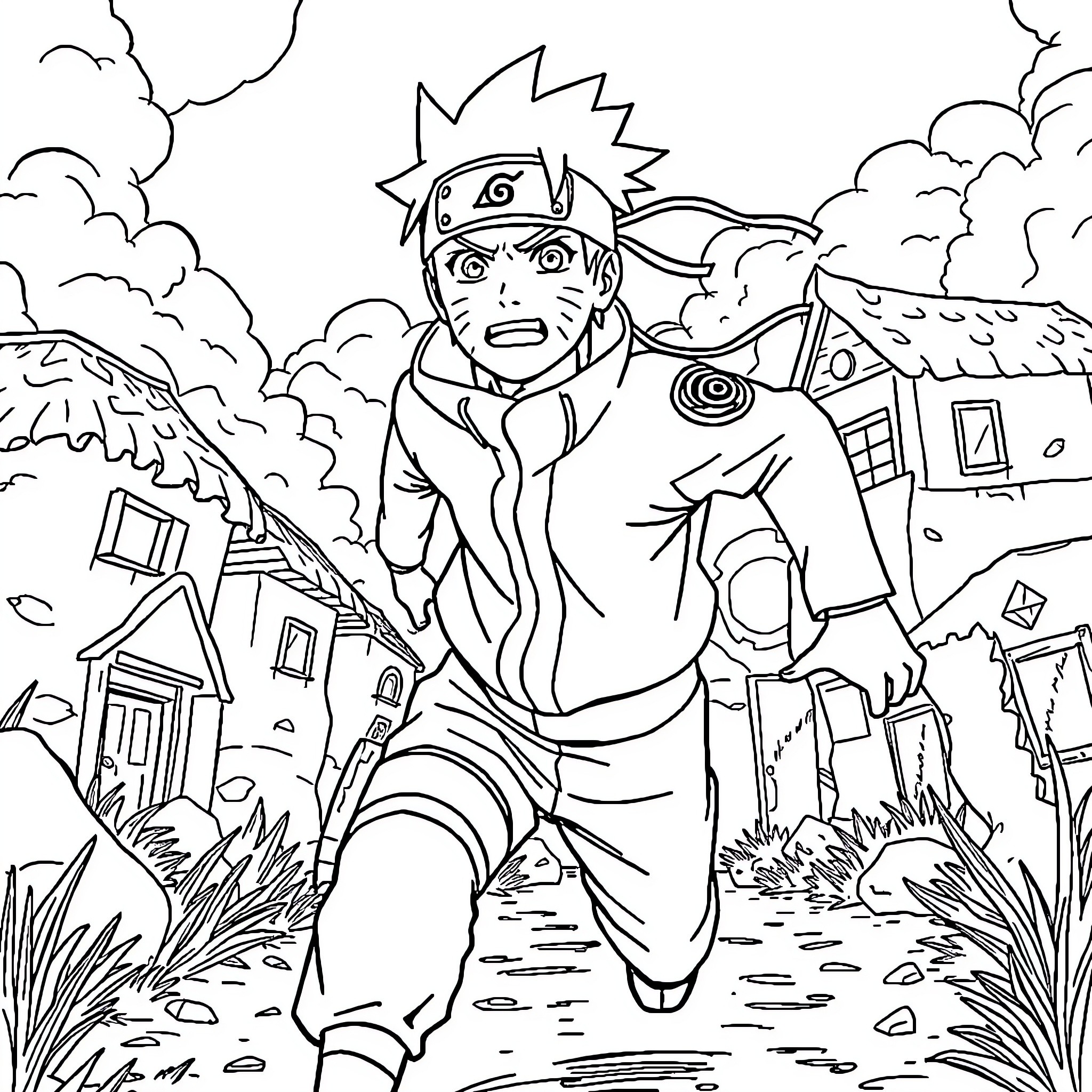 Naruto running determinedly through a turbulent scene Coloring Page (free black-and-white line drawing printable PDF for all, from beginners to advanced learners, including children, teens, adults, and seniors)