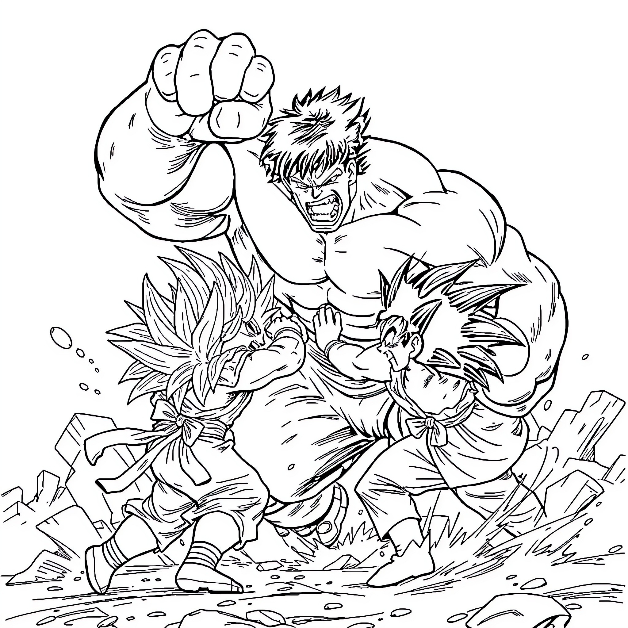 Hulk Smashing through Rocks and Debris Coloring Page (free black-and-white line drawing printable PDF for all, from beginners to advanced learners, including children, teens, adults, and seniors)