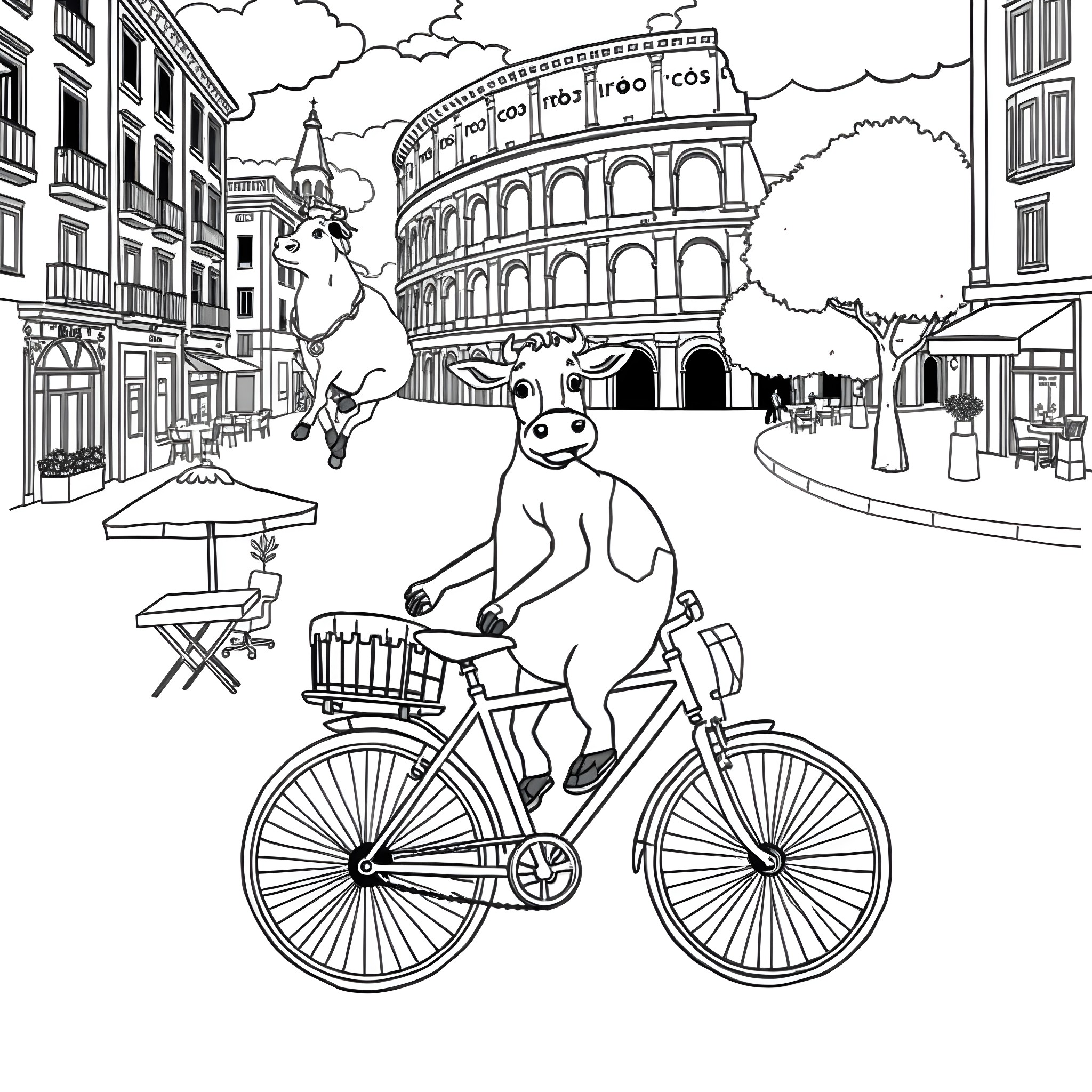 Cow riding bicycle in front of Colosseum Coloring Page (free black-and-white line drawing printable PDF for all, from beginners to advanced learners, including children, teens, adults, and seniors)