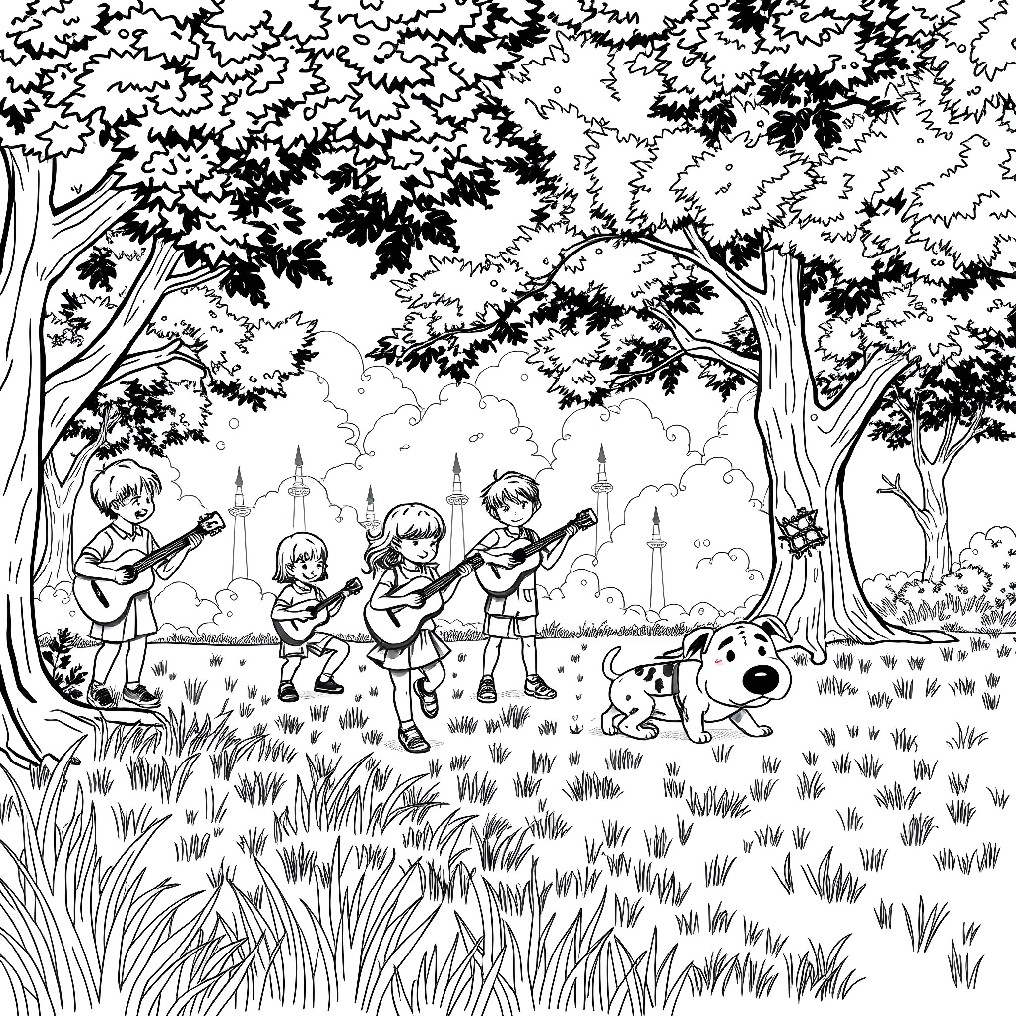 Kid musicians playing guitars in the park Coloring Page (free black-and-white line drawing printable PDF for all, from beginners to advanced learners, including children, teens, adults, and seniors)