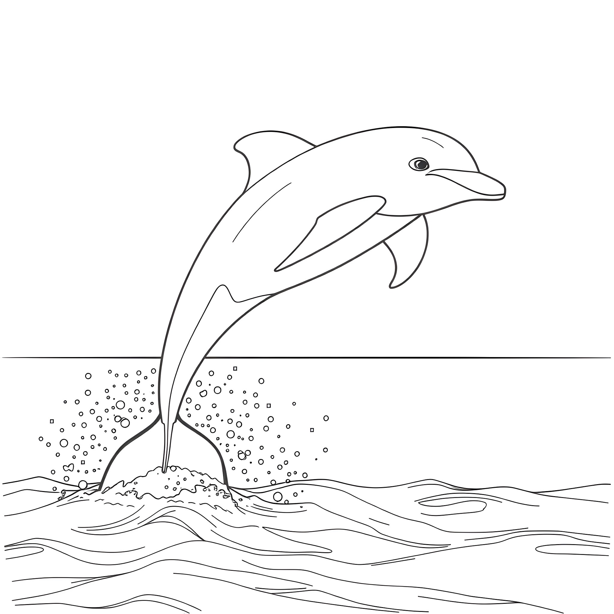 Dolphin jumping happily in the ocean Coloring Page (free black-and-white line drawing printable PDF for all, from beginners to advanced learners, including children, teens, adults, and seniors)