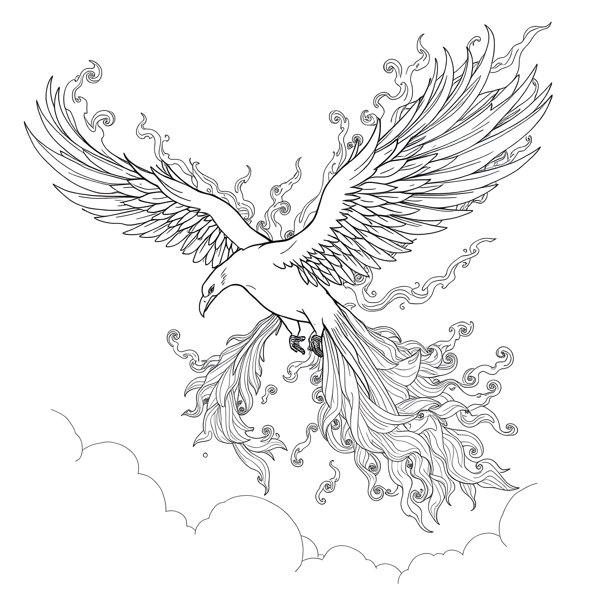 Thunderbird soaring with majestic wings in the sky Coloring Page (free black-and-white line drawing printable PDF for all, from beginners to advanced learners, including children, teens, adults, and seniors)