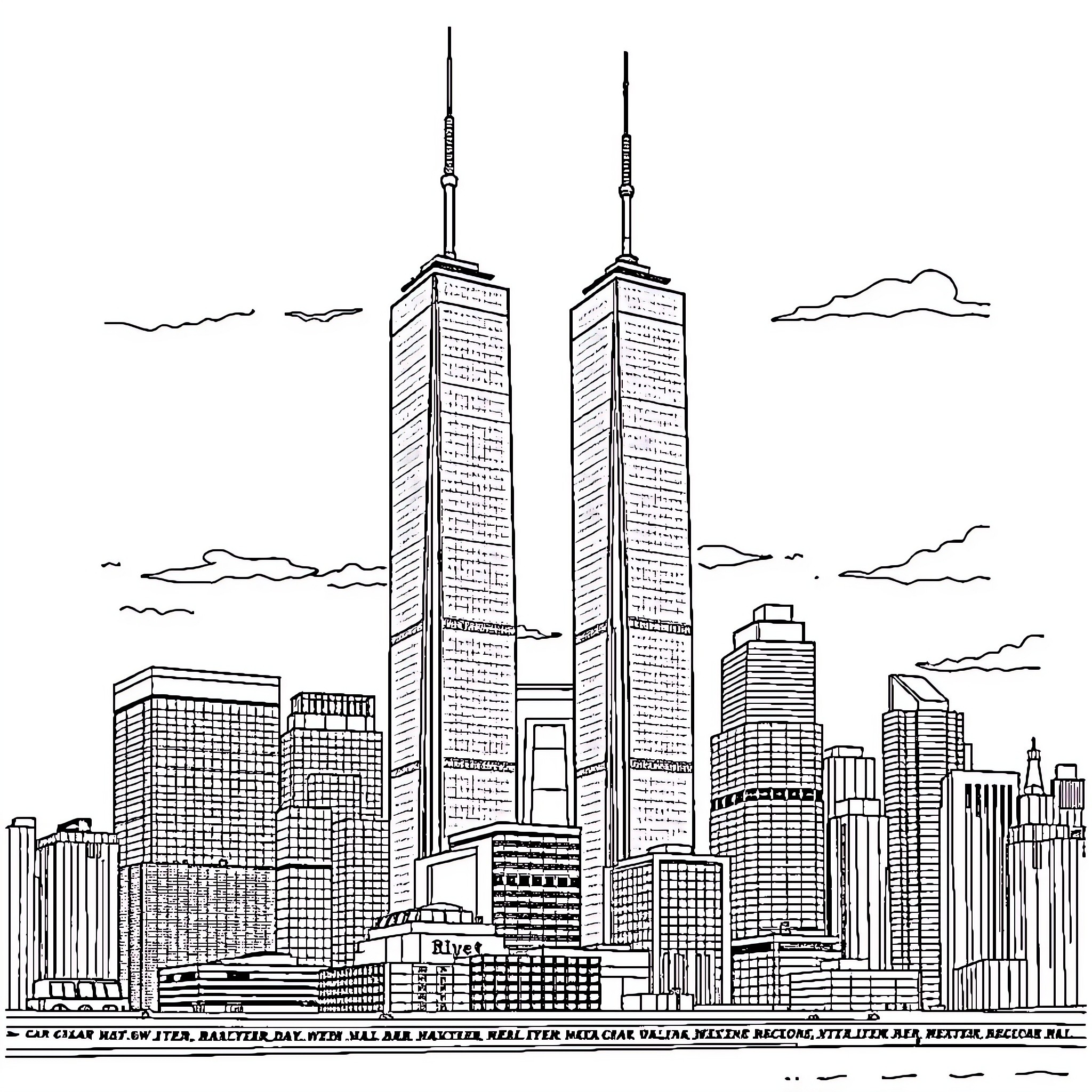 World Trade Center Towers in New York Skyline Coloring Page (free black-and-white line drawing printable PDF for all, from beginners to advanced learners, including children, teens, adults, and seniors)