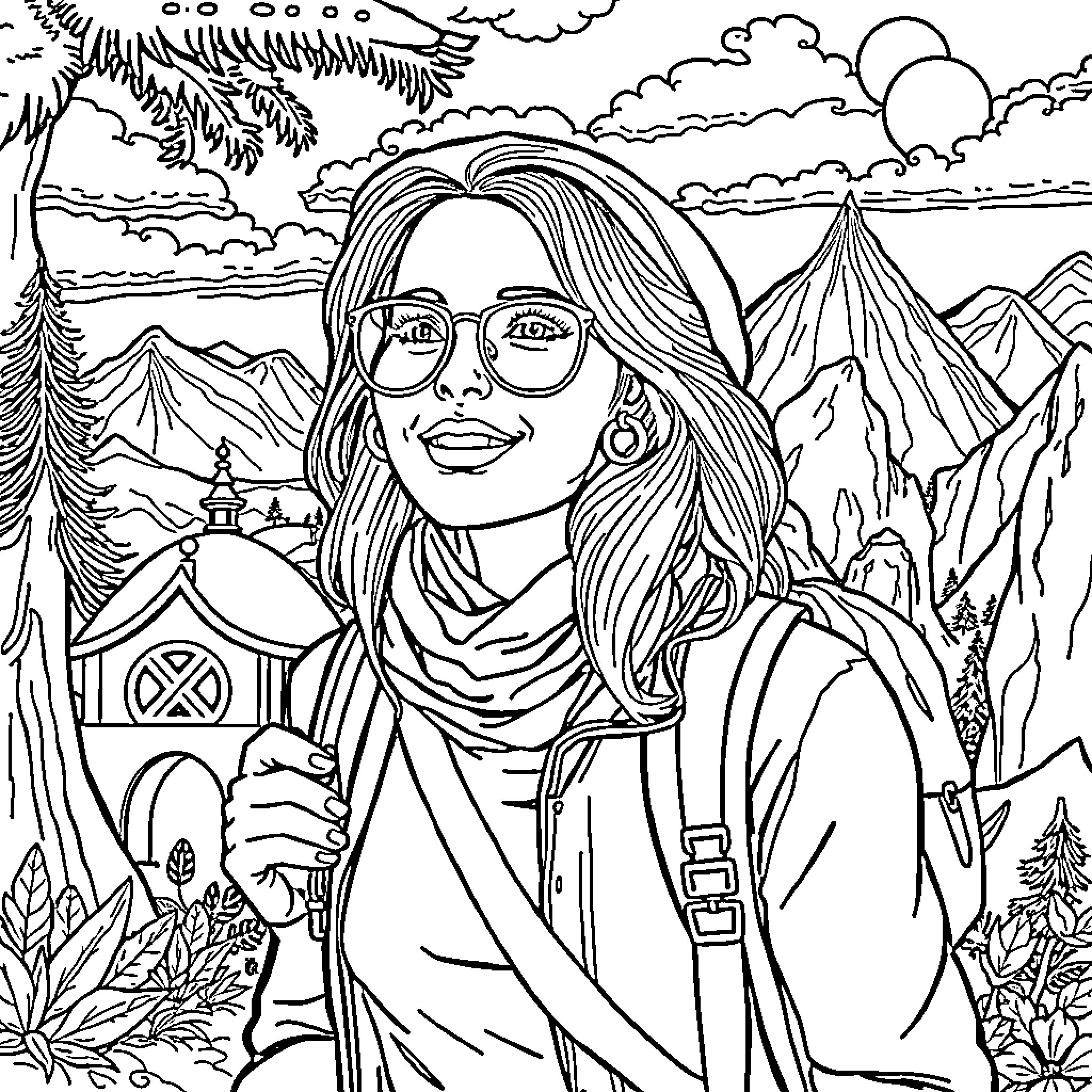 Emmanuelle enjoying the great outdoors in the mountains Coloring Page (free black-and-white line drawing printable PDF for all, from beginners to advanced learners, including children, teens, adults, and seniors)