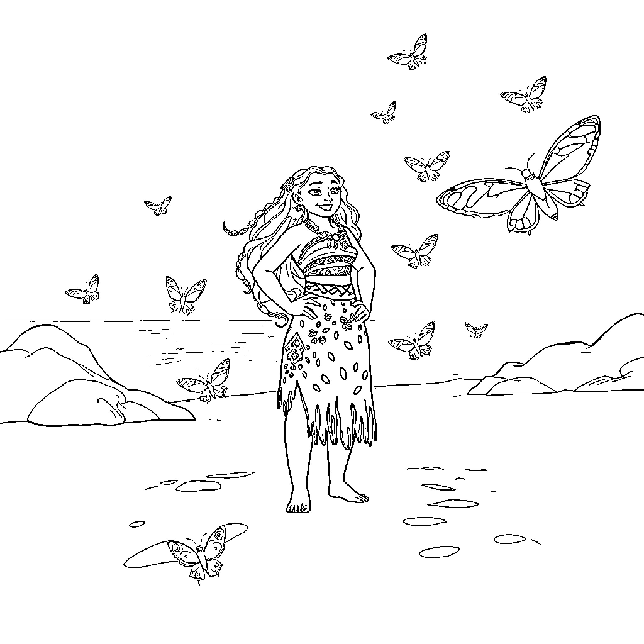 Moana exploring nature with butterflies Coloring Page (free black-and-white line drawing printable PDF for all, from beginners to advanced learners, including children, teens, adults, and seniors)