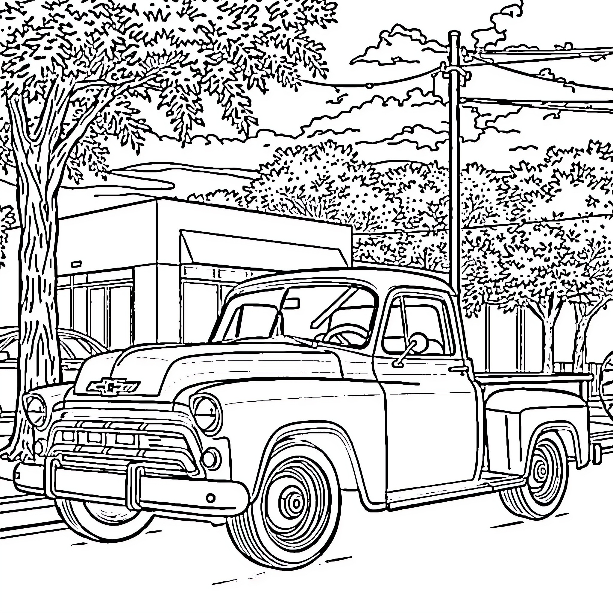 Chevy Truck Parked in Scenic Landscape Coloring Page (free black-and-white line drawing printable PDF for all, from beginners to advanced learners, including children, teens, adults, and seniors)