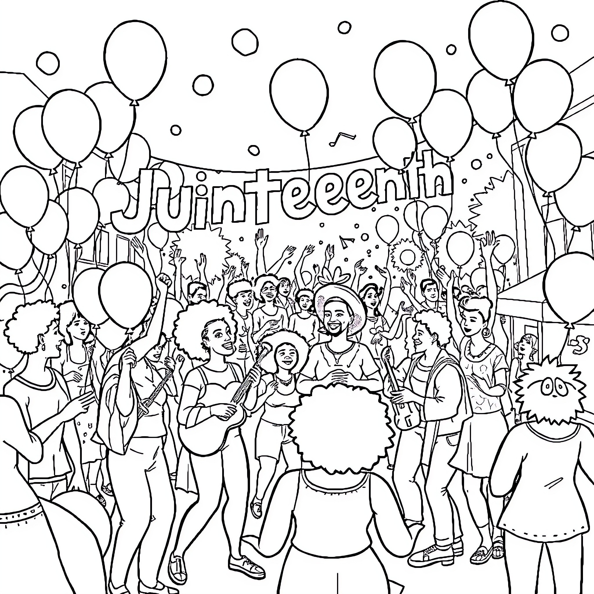 Juneteenth Celebration with Festive Crowd and Balloons Coloring Page (free black-and-white line drawing printable PDF for all, from beginners to advanced learners, including children, teens, adults, and seniors)