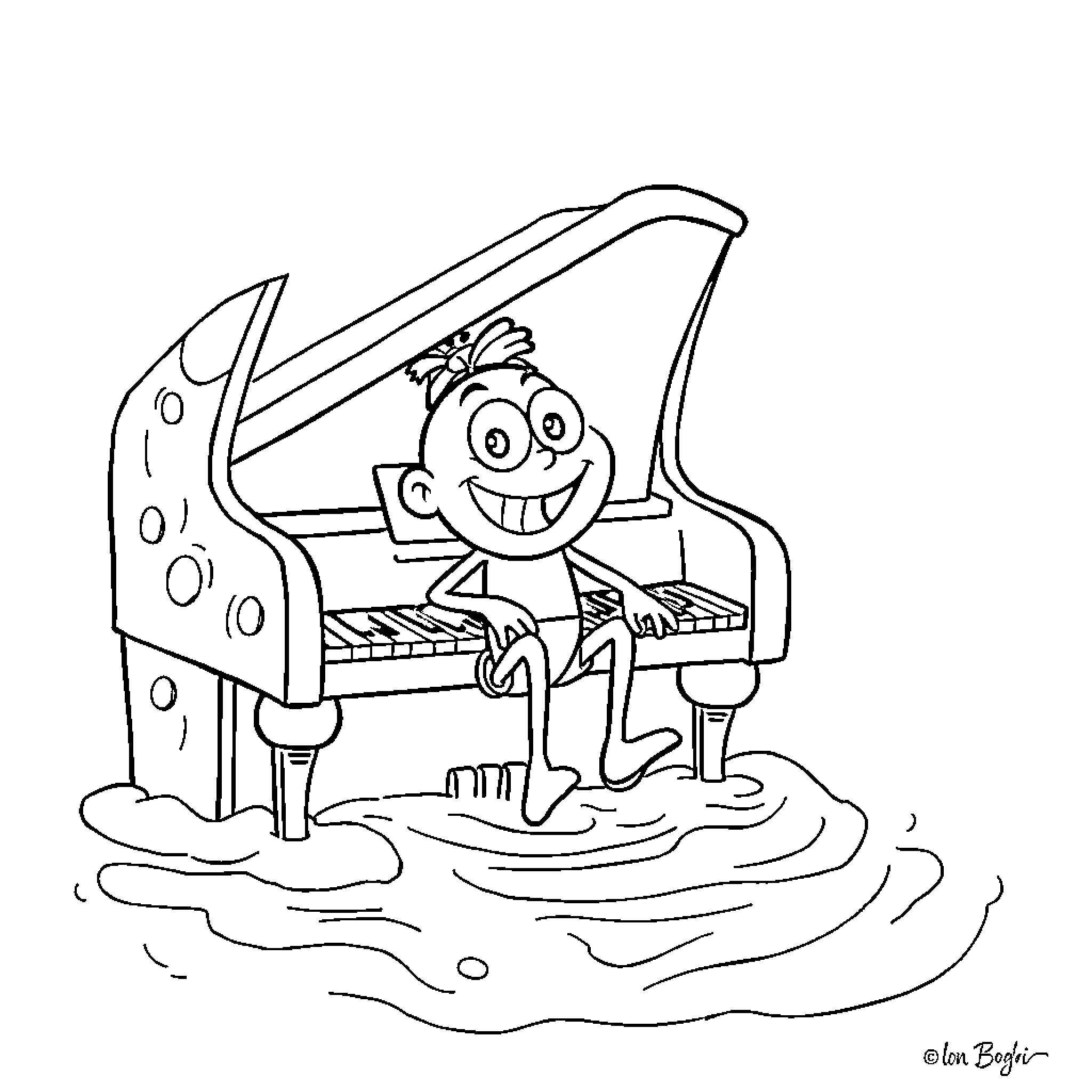 Bob esponja playing piano happily in the water Coloring Page (free black-and-white line drawing printable PDF for all, from beginners to advanced learners, including children, teens, adults, and seniors)