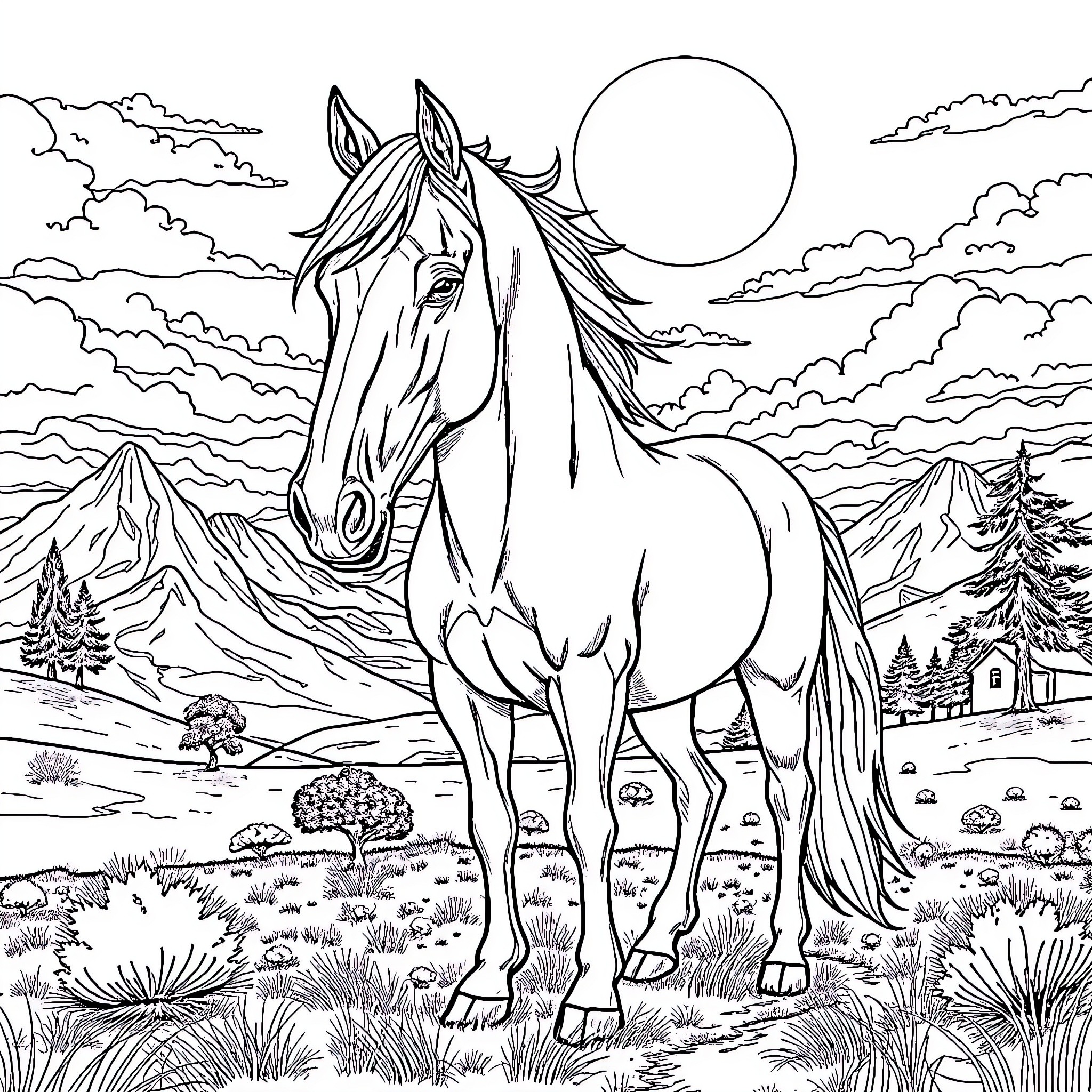 Horse Standing Proudly in Serene Landscape Coloring Page (free black-and-white line drawing printable PDF for all, from beginners to advanced learners, including children, teens, adults, and seniors)