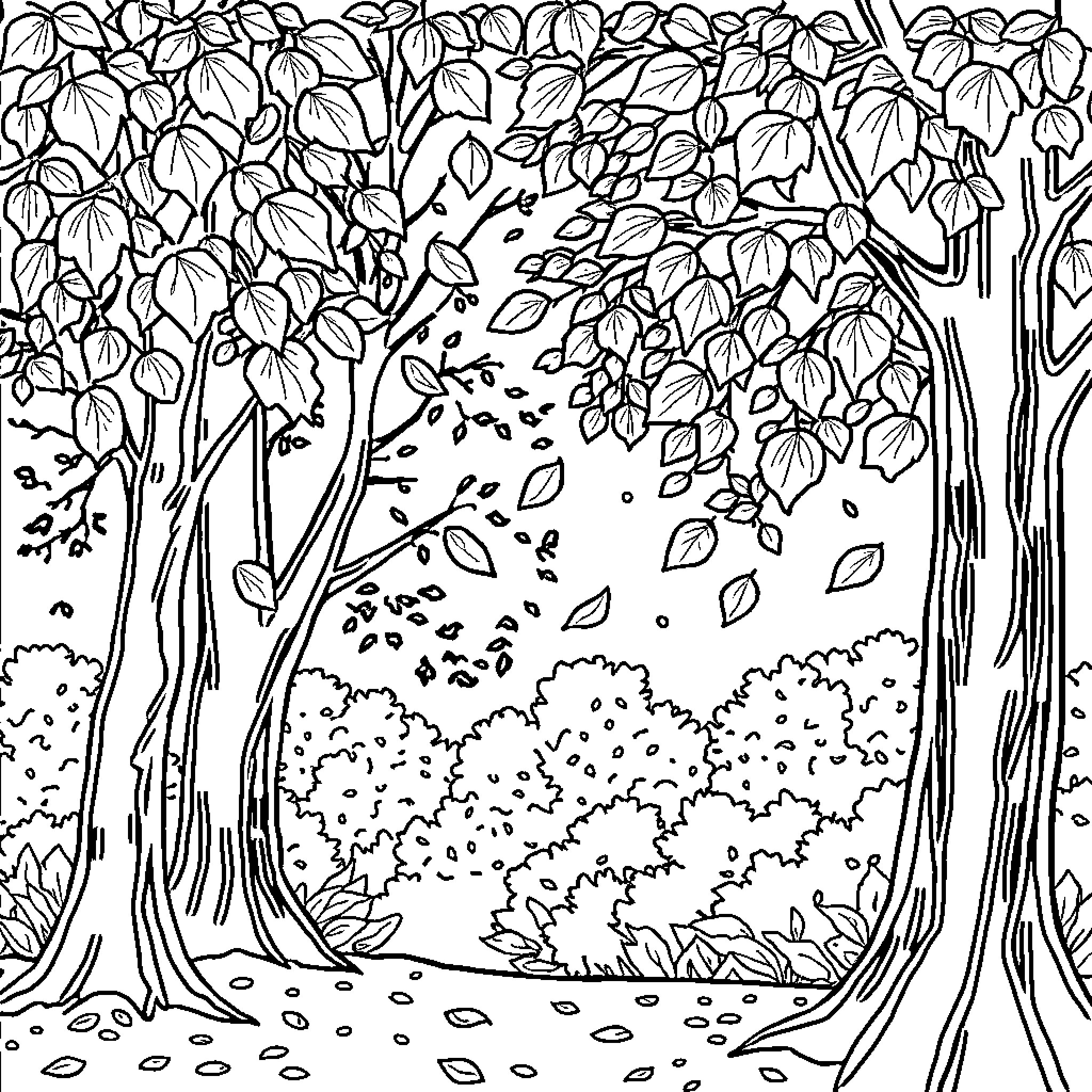 Leaf-covered trees shedding in the autumn wind Coloring Page (free black-and-white line drawing printable PDF for all, from beginners to advanced learners, including children, teens, adults, and seniors)