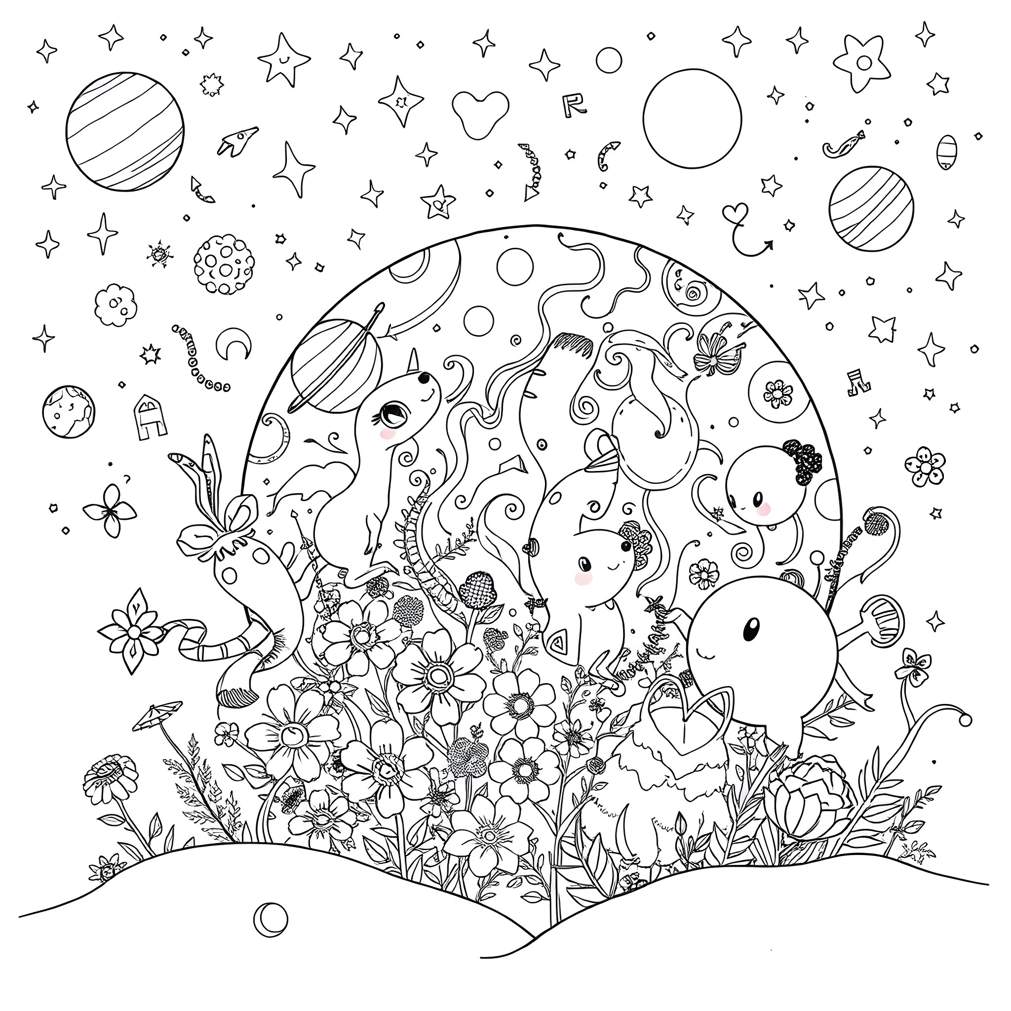 Alien Creatures in a Whimsical Cosmic Garden Coloring Page (free black-and-white line drawing printable PDF for all, from beginners to advanced learners, including children, teens, adults, and seniors)