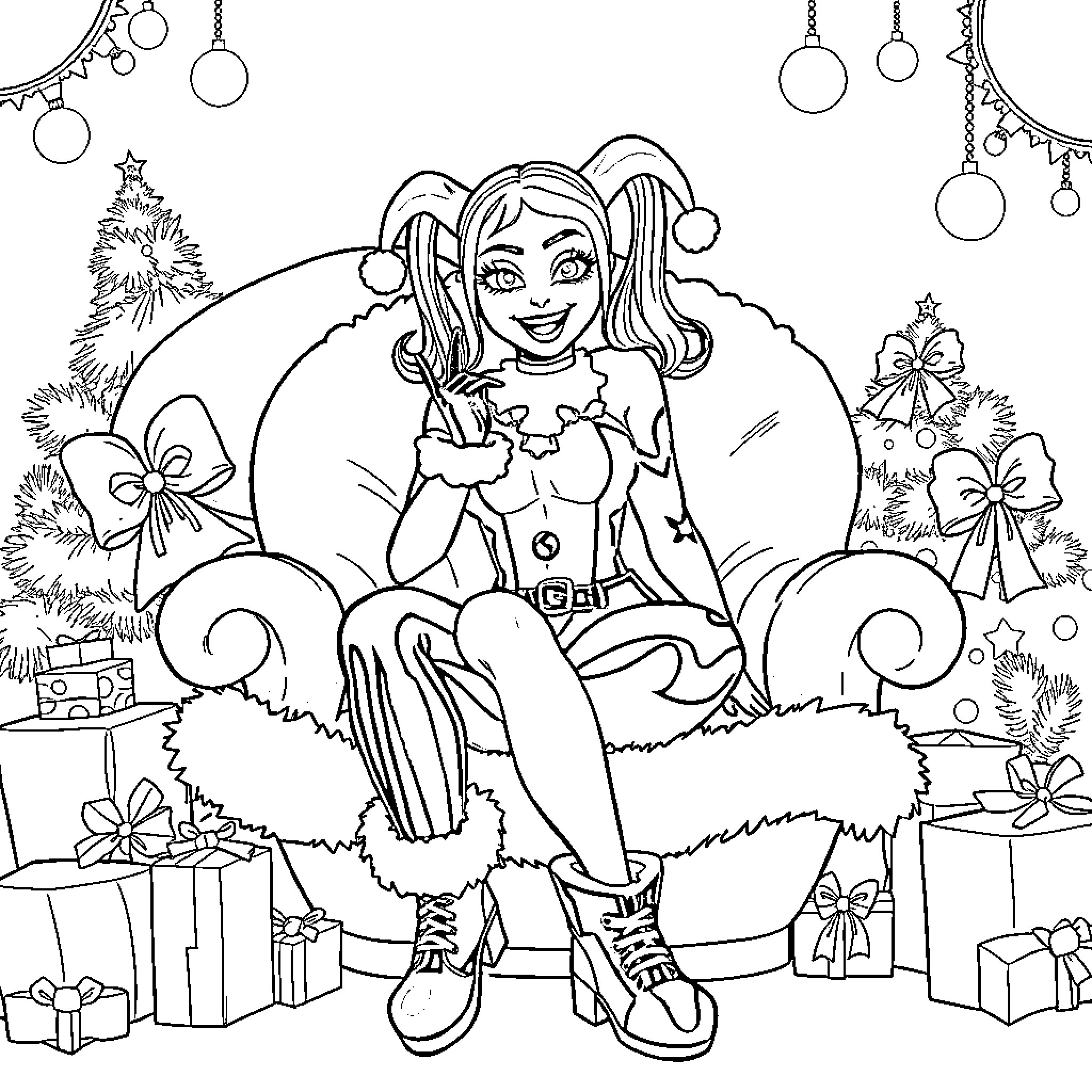 Harley Quinn enjoying the festive holiday scene Coloring Page (free black-and-white line drawing printable PDF for all, from beginners to advanced learners, including children, teens, adults, and seniors)