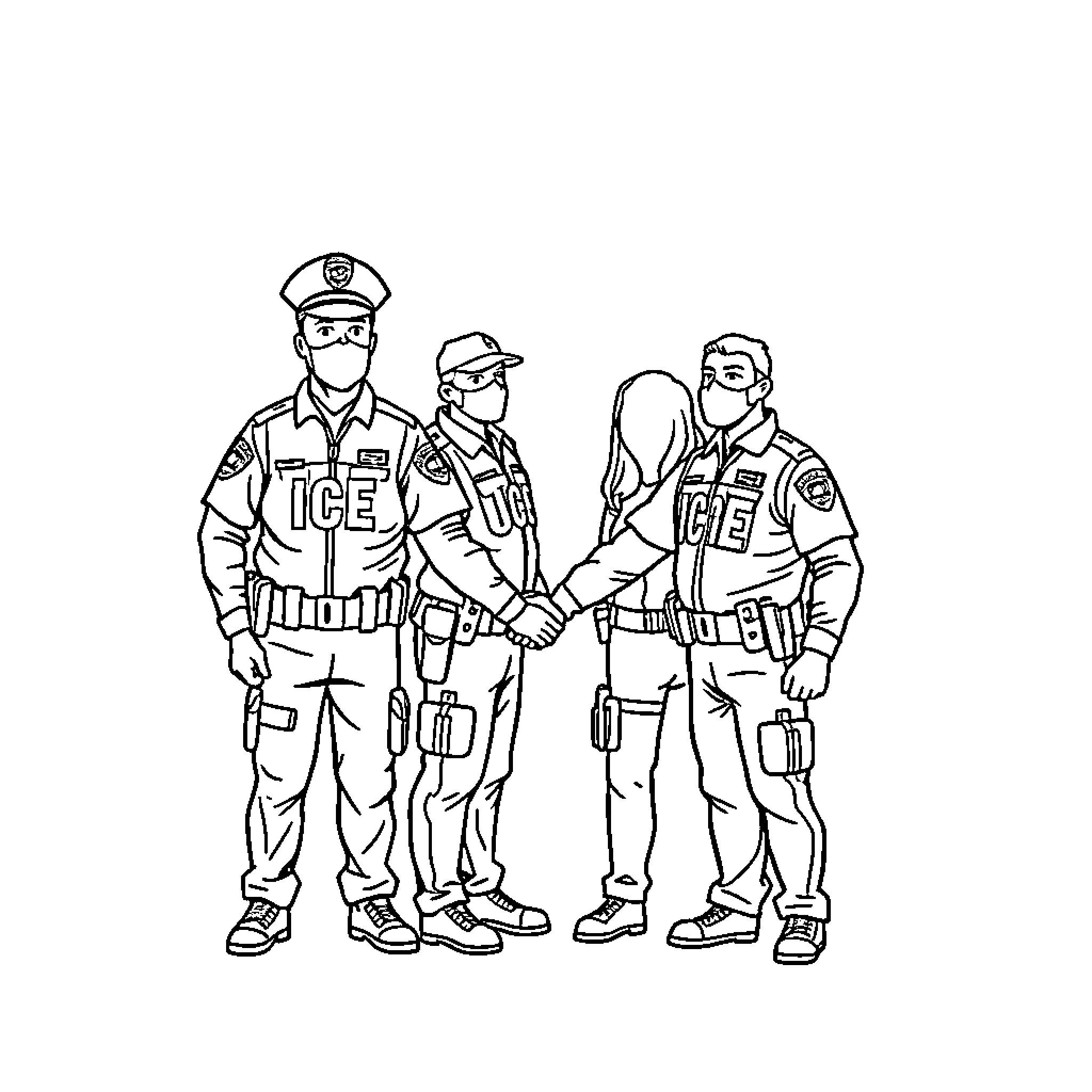 Ice Agent Team Performing Official Duties Coloring Page (free black-and-white line drawing printable PDF for all, from beginners to advanced learners, including children, teens, adults, and seniors)