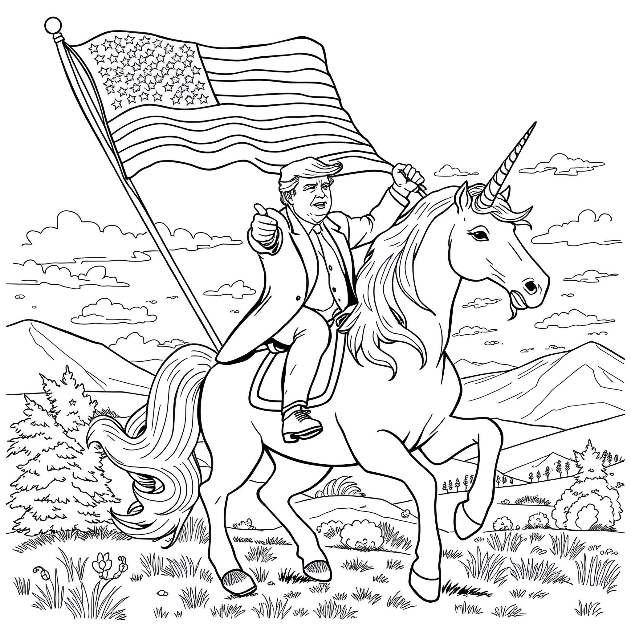 Donald Trump riding a unicorn holding an American flag Coloring Page (free black-and-white line drawing printable PDF for all, from beginners to advanced learners, including children, teens, adults, and seniors)