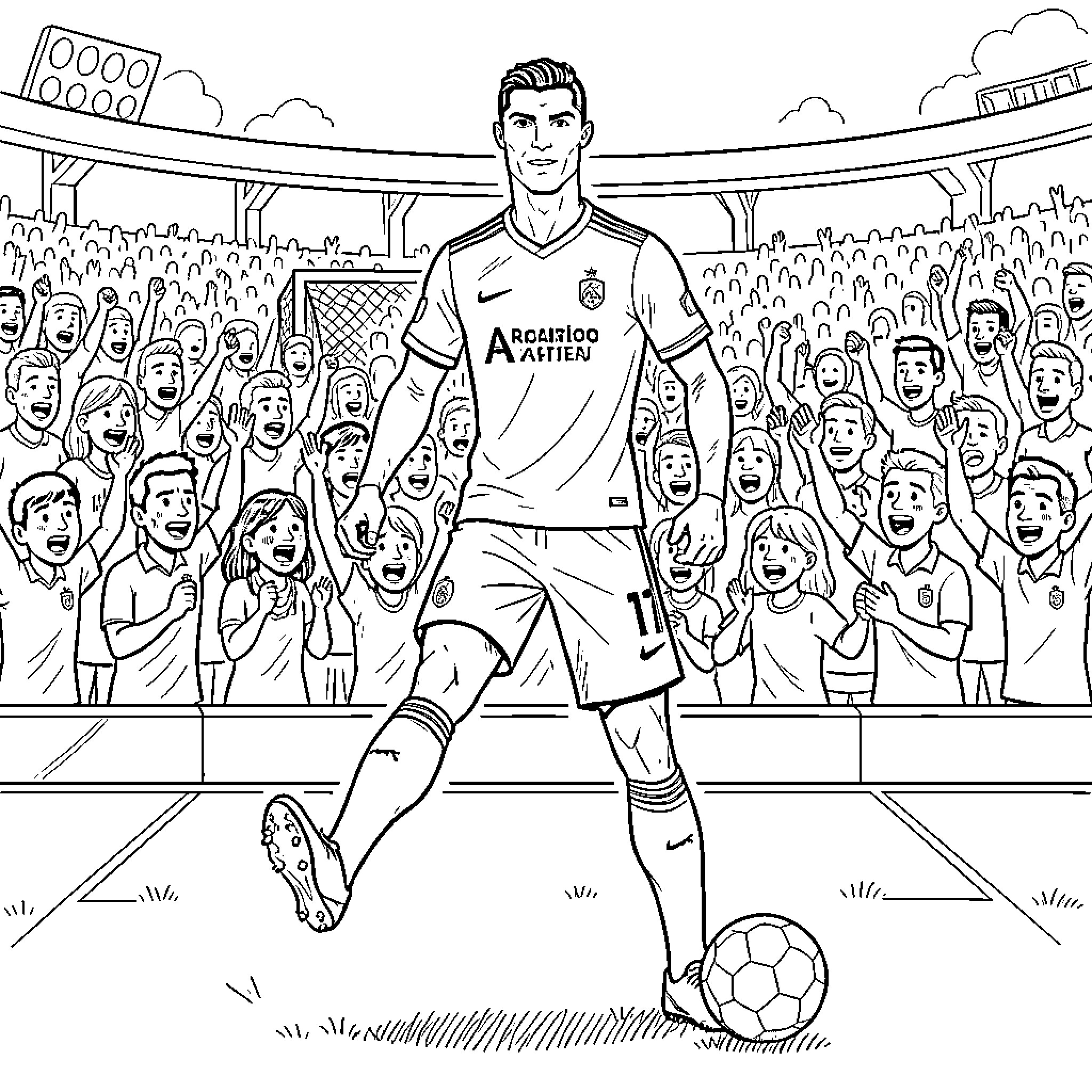 Cristiano Ronaldo playing soccer in a stadium with fans Coloring Page (free black-and-white line drawing printable PDF for all, from beginners to advanced learners, including children, teens, adults, and seniors)