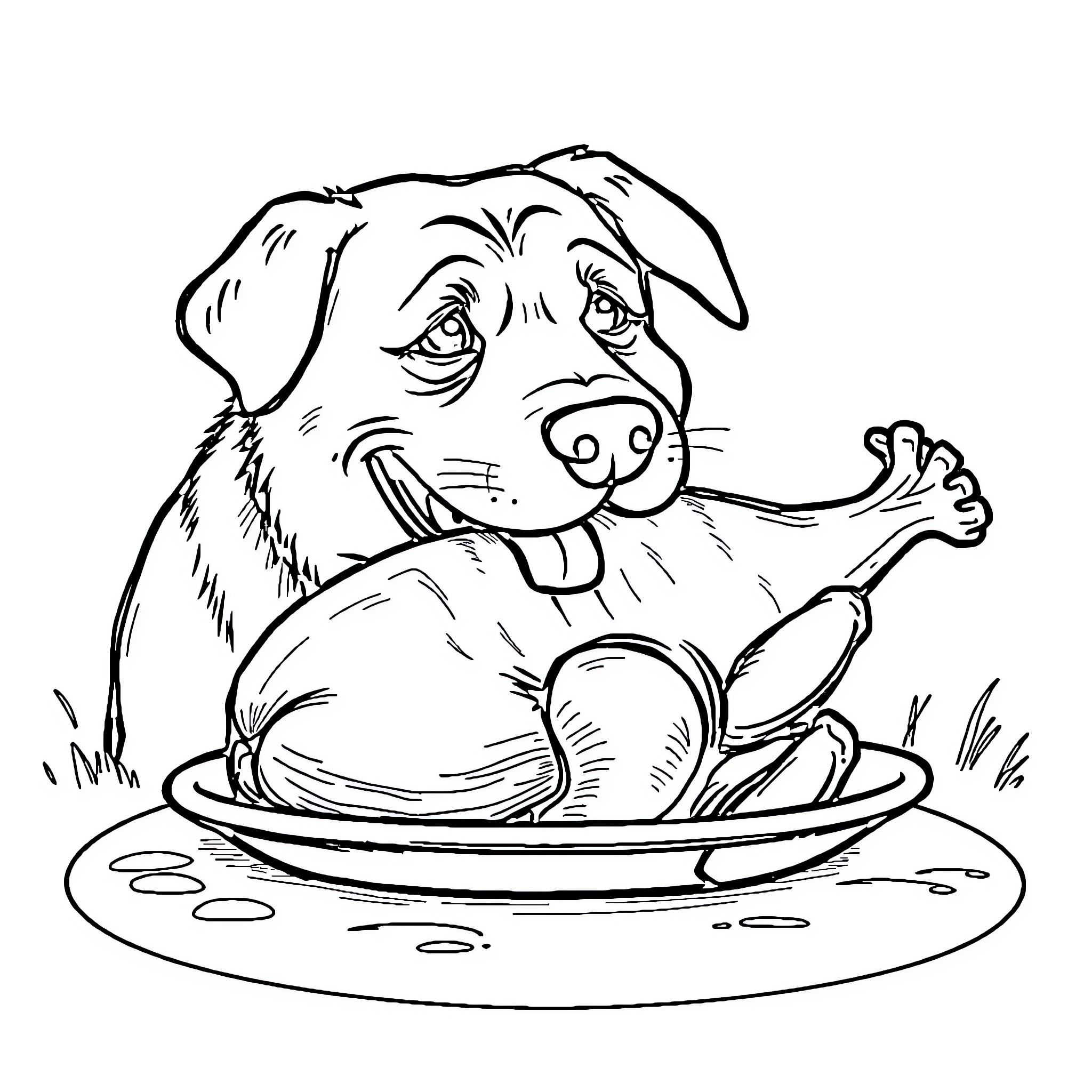 Dog resting comfortably in a bowl Coloring Page (free black-and-white line drawing printable PDF for all, from beginners to advanced learners, including children, teens, adults, and seniors)