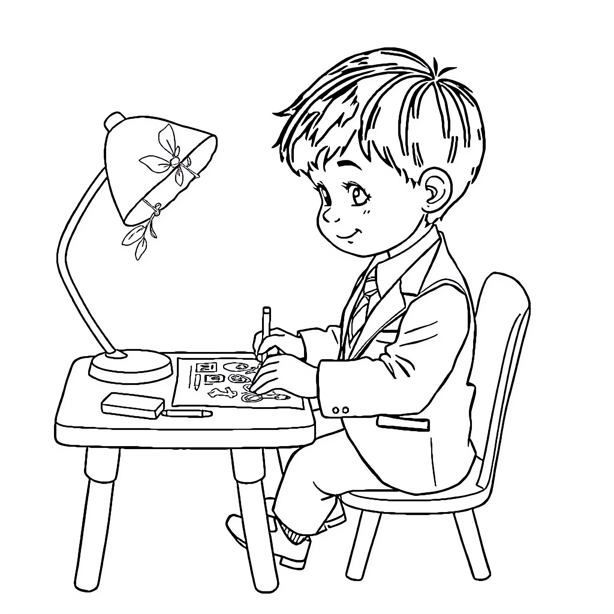 Child studying diligently at desk with lamp Coloring Page (free black-and-white line drawing printable PDF for all, from beginners to advanced learners, including children, teens, adults, and seniors)