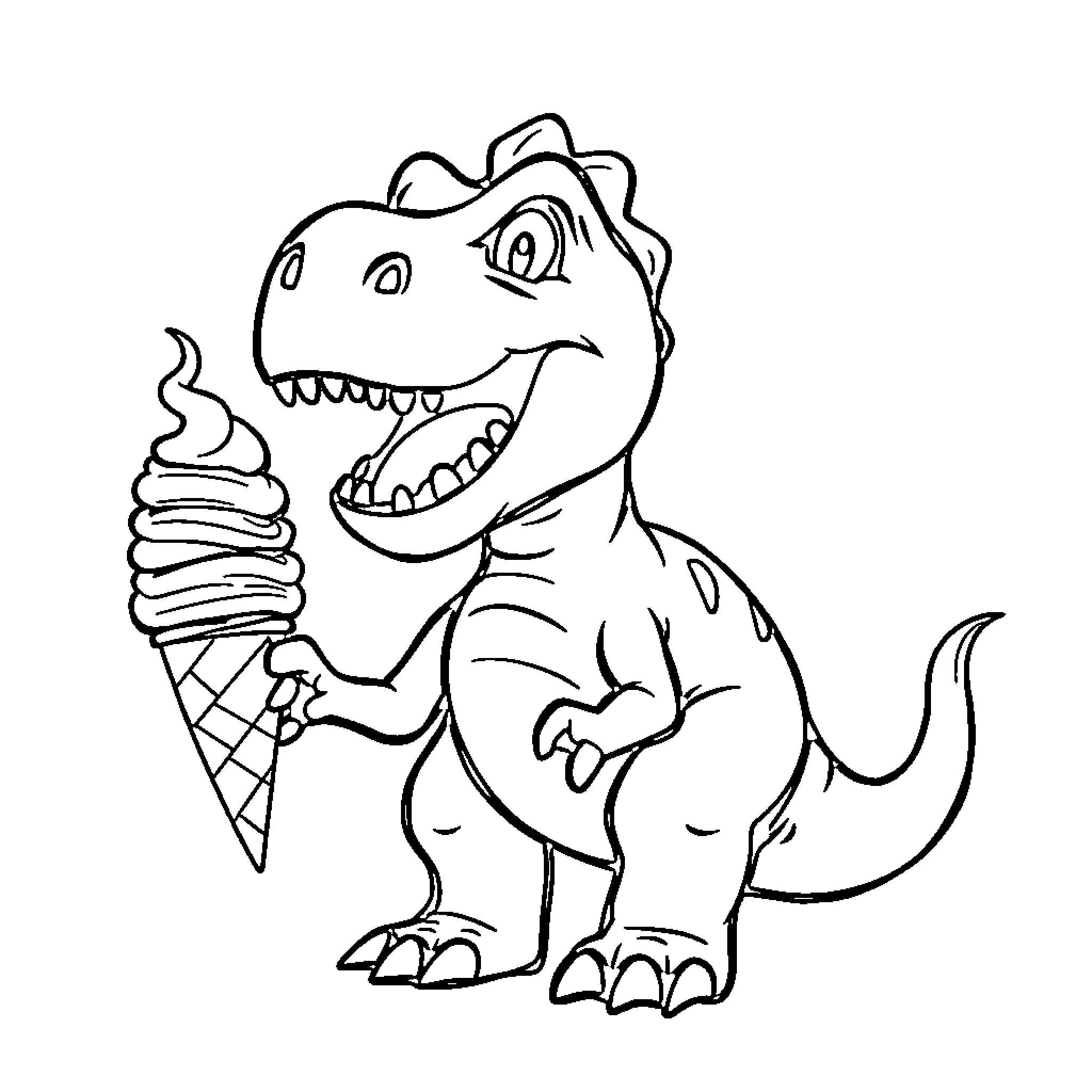 D-rex enjoying an ice cream cone Coloring Page (free black-and-white line drawing printable PDF for all, from beginners to advanced learners, including children, teens, adults, and seniors)
