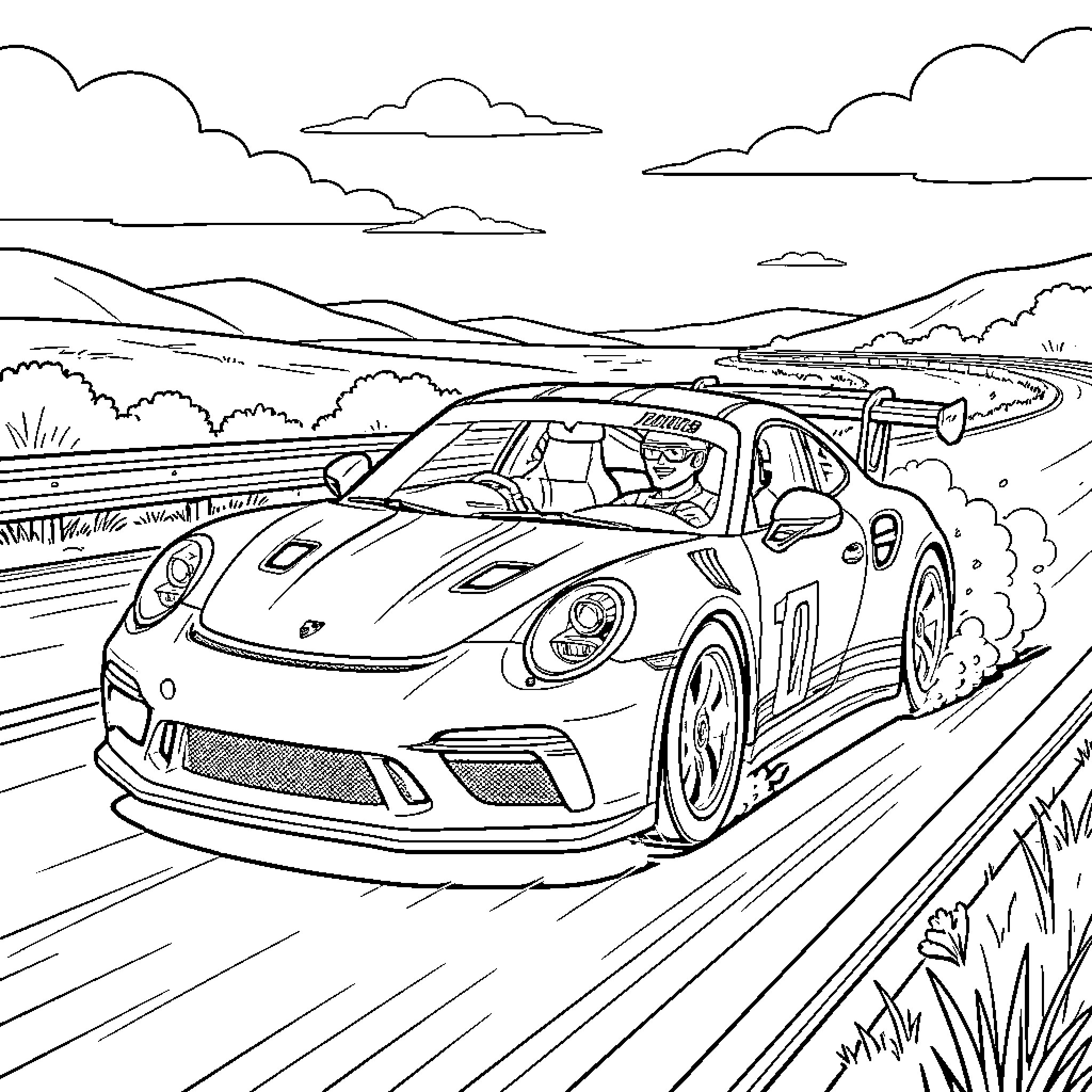 Leon driving a fast sports car on a track Coloring Page (free black-and-white line drawing printable PDF for all, from beginners to advanced learners, including children, teens, adults, and seniors)