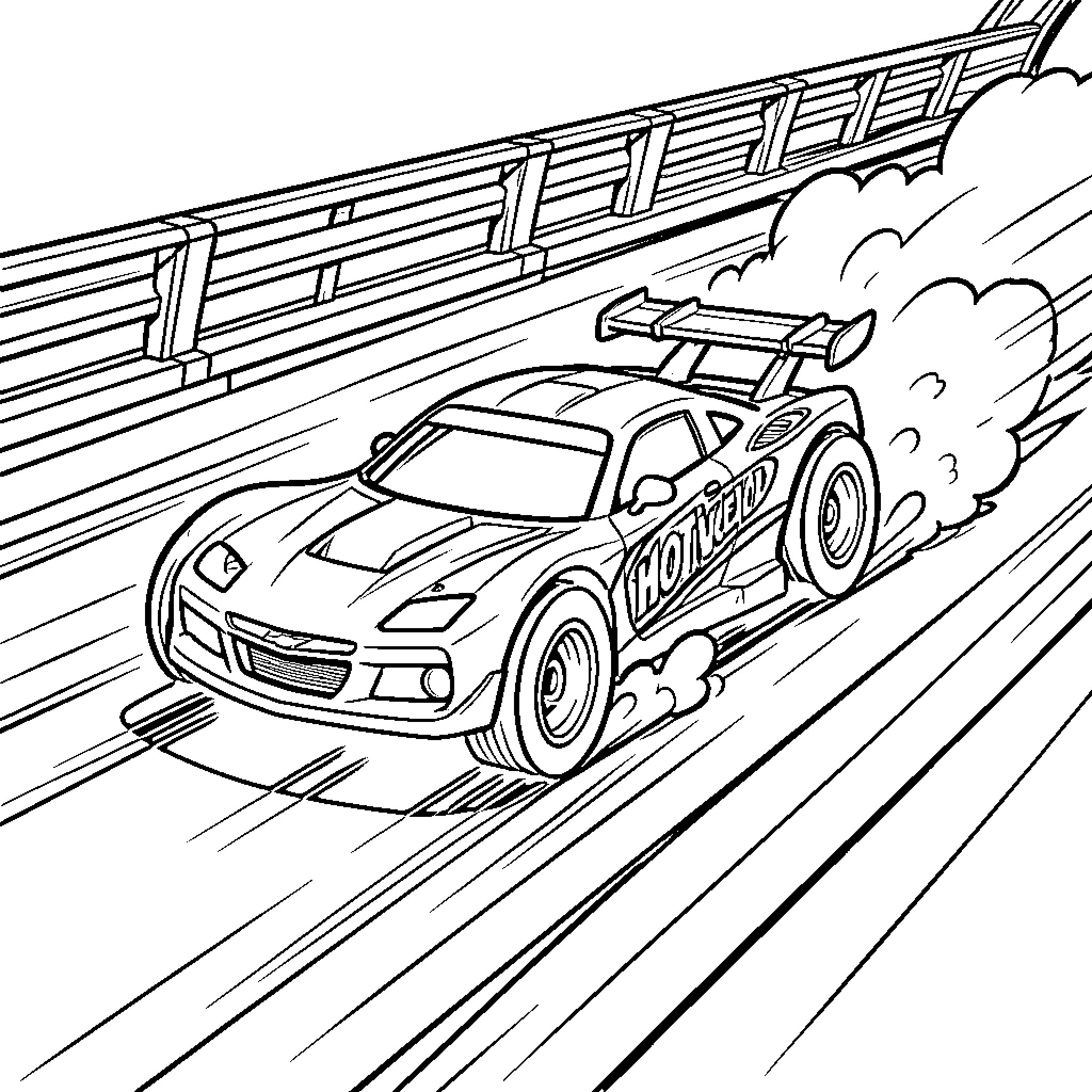 Hot Wheel racing fast on a track Coloring Page (free black-and-white line drawing printable PDF for all, from beginners to advanced learners, including children, teens, adults, and seniors)
