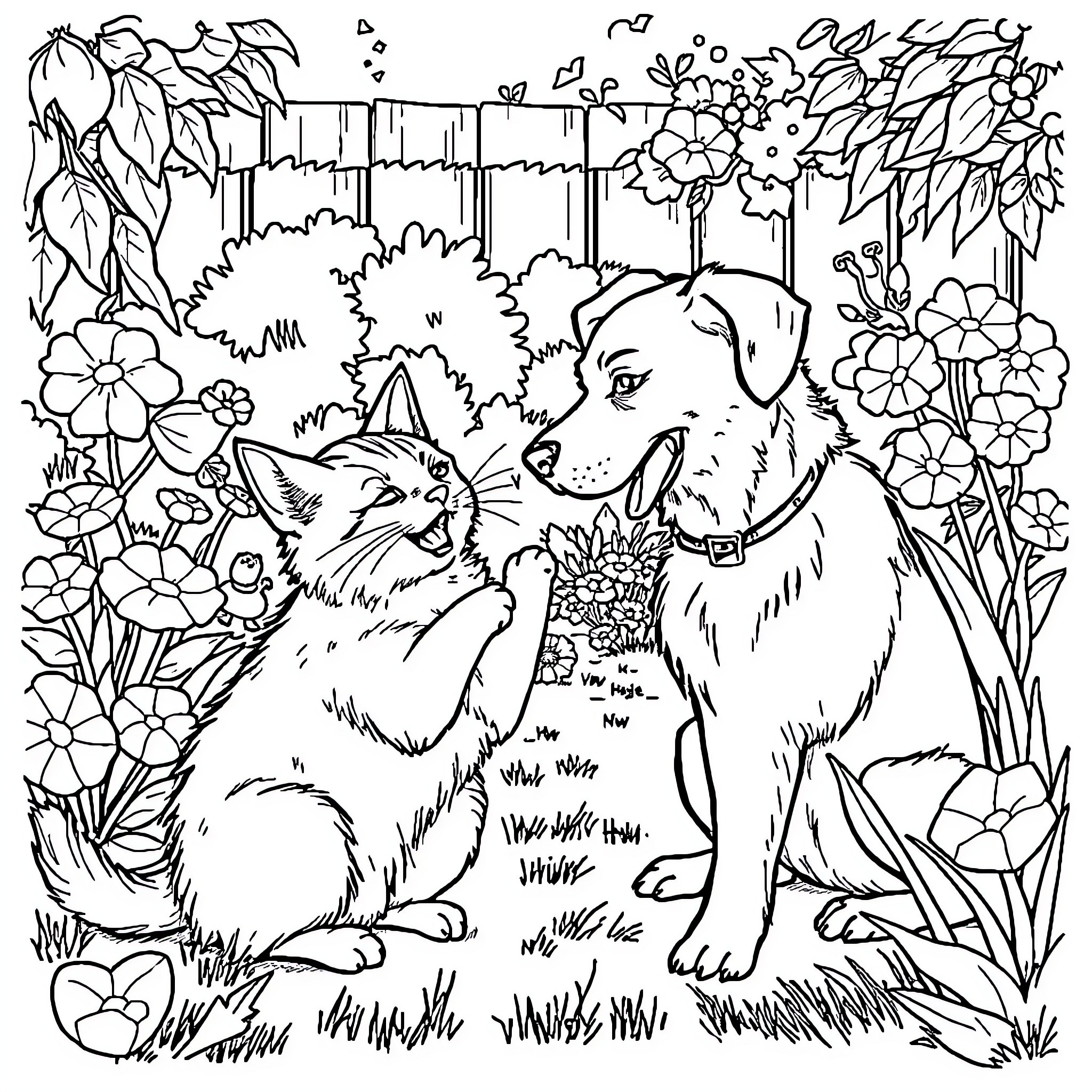 Chat with Playful Pets in Floral Garden Coloring Page (free black-and-white line drawing printable PDF for all, from beginners to advanced learners, including children, teens, adults, and seniors)