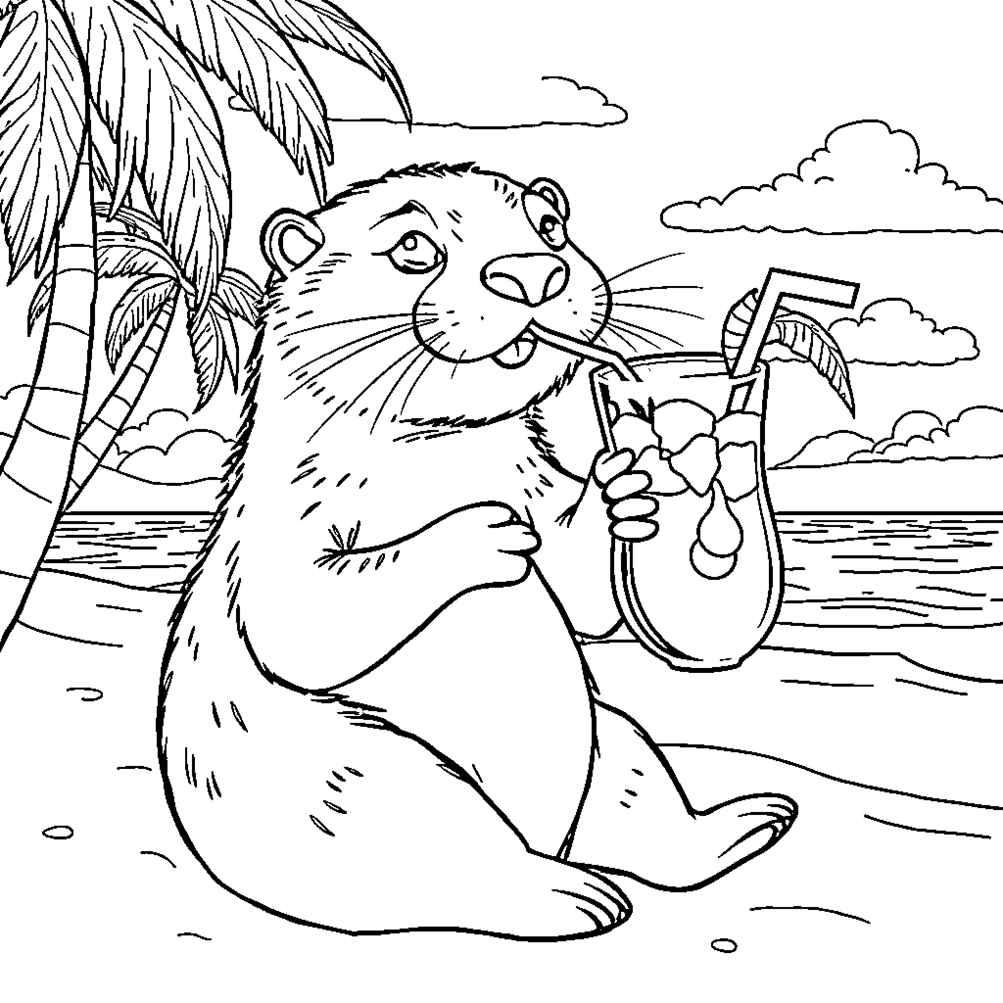 Otter Relaxing on the Beach Coloring Page (free black-and-white line drawing printable PDF for all, from beginners to advanced learners, including children, teens, adults, and seniors)