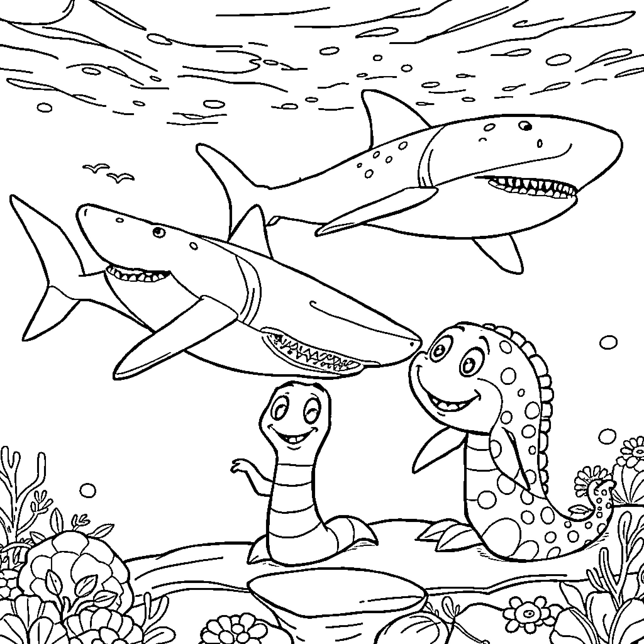 Worm and shark friends under the sea Coloring Page (free black-and-white line drawing printable PDF for all, from beginners to advanced learners, including children, teens, adults, and seniors)