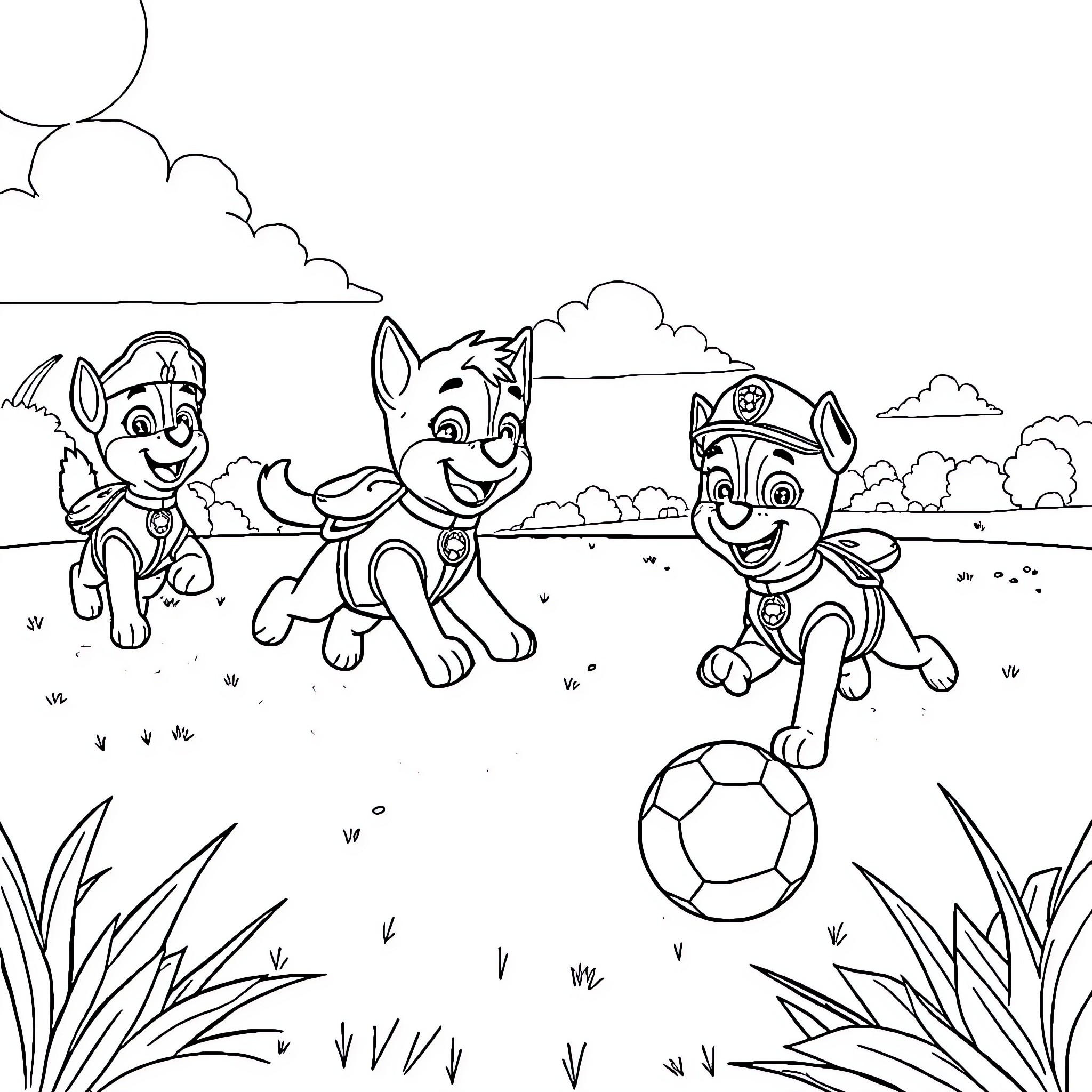 Paw Patrol puppies playing with a soccer ball outdoors Coloring Page (free black-and-white line drawing printable PDF for all, from beginners to advanced learners, including children, teens, adults, and seniors)