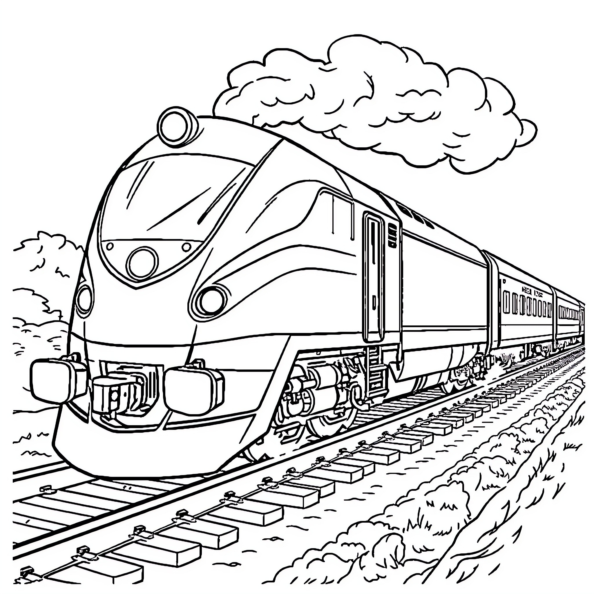 Train rushing through the countryside Coloring Page (free black-and-white line drawing printable PDF for all, from beginners to advanced learners, including children, teens, adults, and seniors)