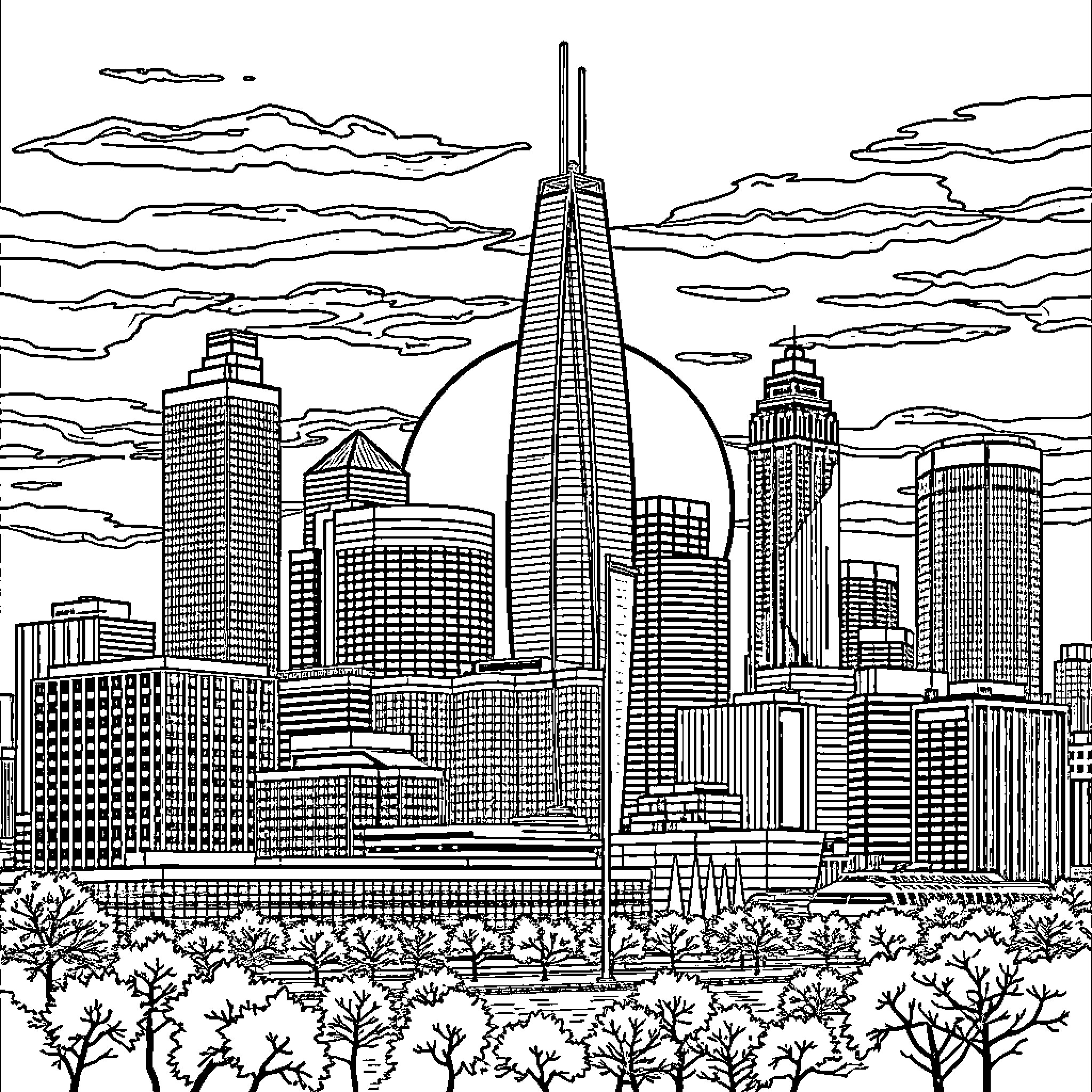 Detroit skyline with towering skyscrapers and bustling cityscape Coloring Page (free black-and-white line drawing printable PDF for all, from beginners to advanced learners, including children, teens, adults, and seniors)