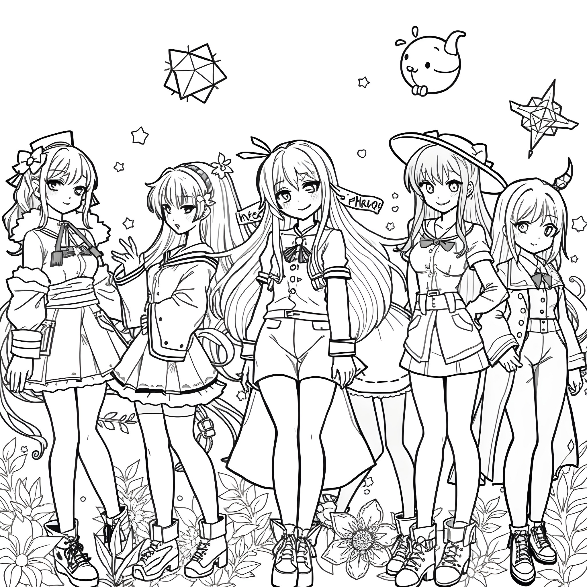 Women in Anime-Inspired Outfits Posing Together Coloring Page (free black-and-white line drawing printable PDF for all, from beginners to advanced learners, including children, teens, adults, and seniors)
